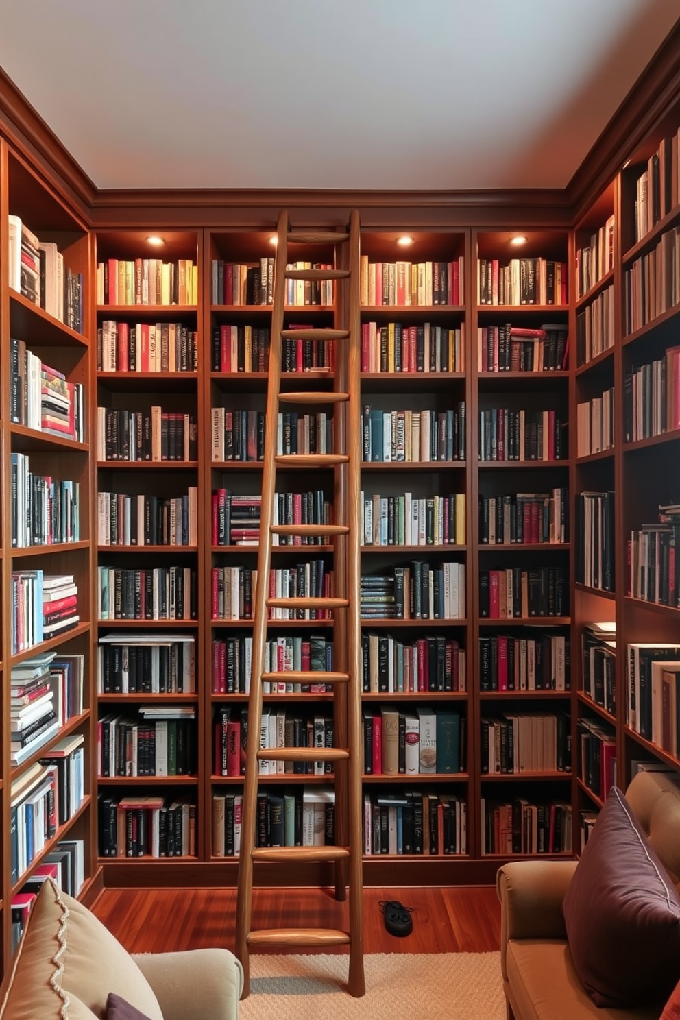 A cozy home library features a wooden ladder that provides easy access to high shelves filled with books. Soft, ambient lighting creates a warm atmosphere, while plush seating invites relaxation and reading.