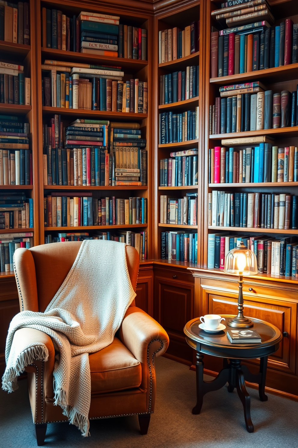 A cozy home library featuring a mix of new and antique books. The room is filled with warm wood shelves that display a diverse collection of books, creating an inviting atmosphere. A plush armchair sits in one corner, draped with a soft blanket, inviting you to curl up with a good read. A small side table beside the chair holds a steaming cup of tea and a vintage lamp, casting a warm glow over the space.