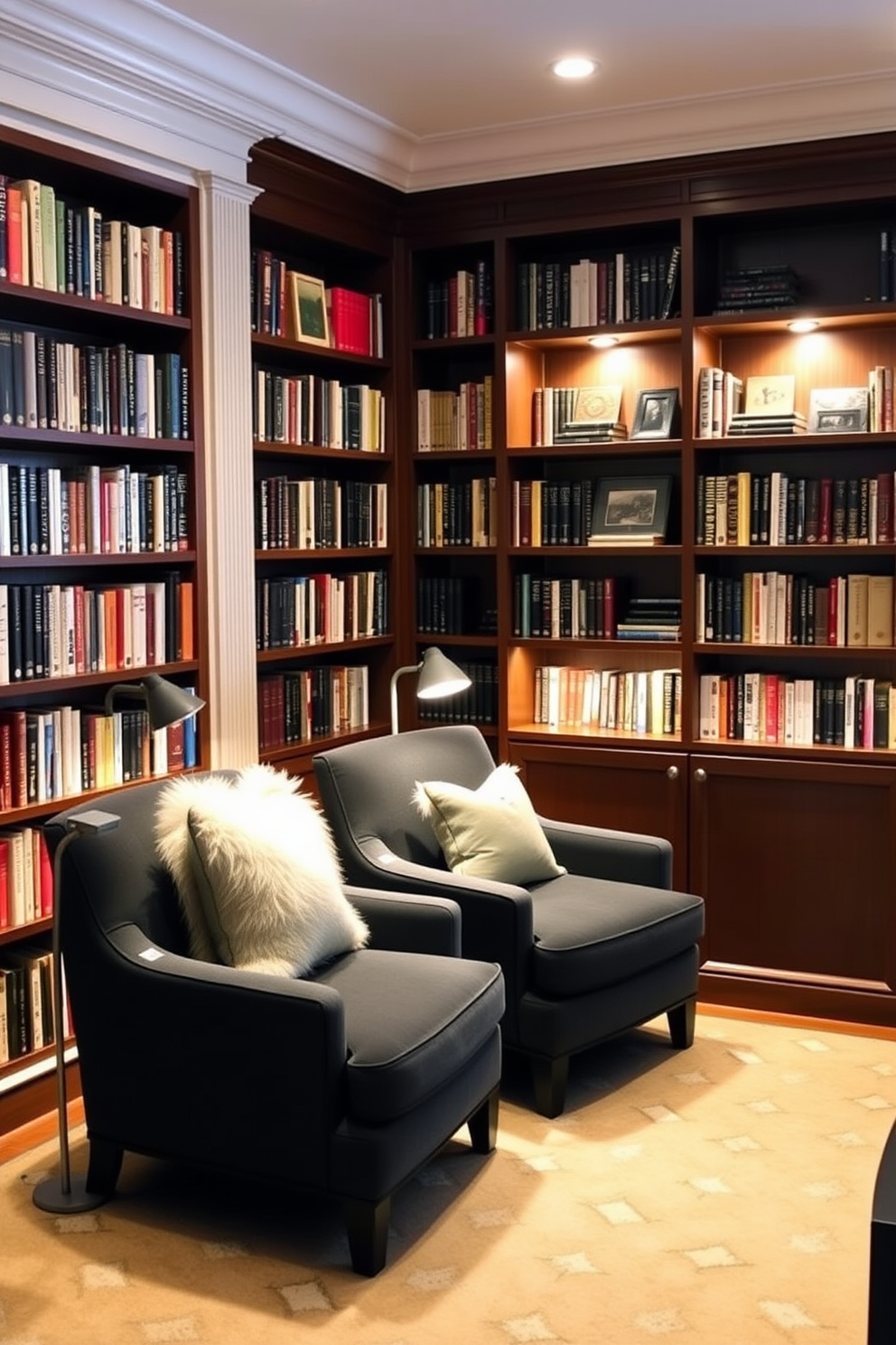 A cozy home library featuring personalized reading lights at each seat. The shelves are lined with books, and plush armchairs create inviting nooks for reading.