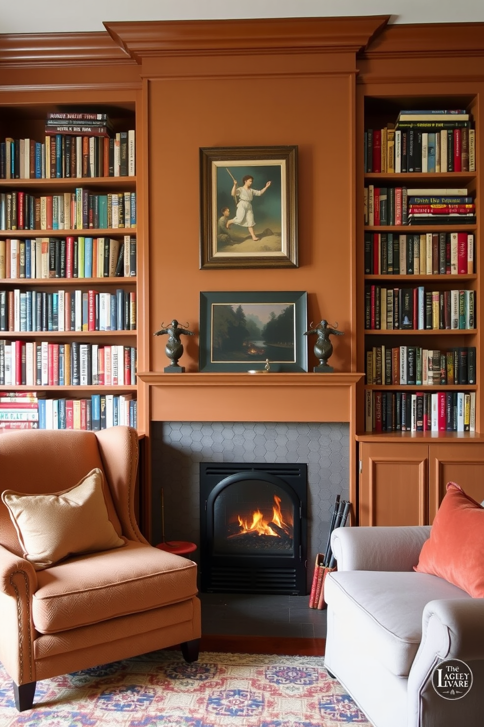 A cozy home library featuring a small fireplace that adds warmth and charm. The fireplace is surrounded by built-in bookshelves filled with an array of books, while a plush armchair sits nearby for comfortable reading.