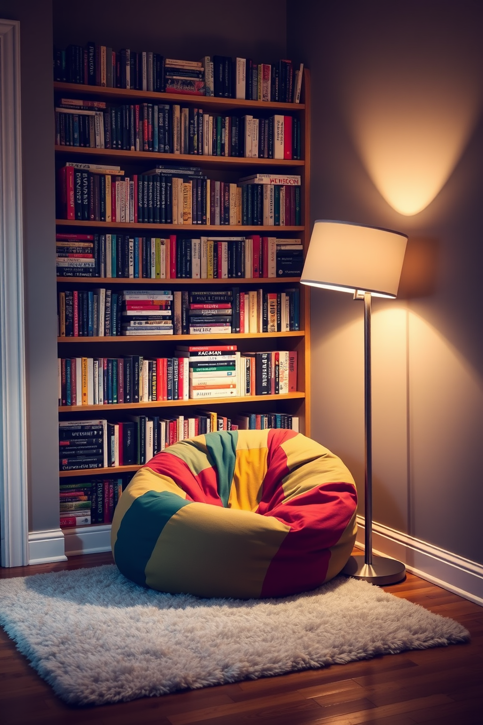 A quiet corner with a colorful bean bag chair nestled beside a tall bookshelf filled with an array of books. Soft lighting from a nearby floor lamp creates an inviting atmosphere, while a plush rug adds warmth to the wooden floor.