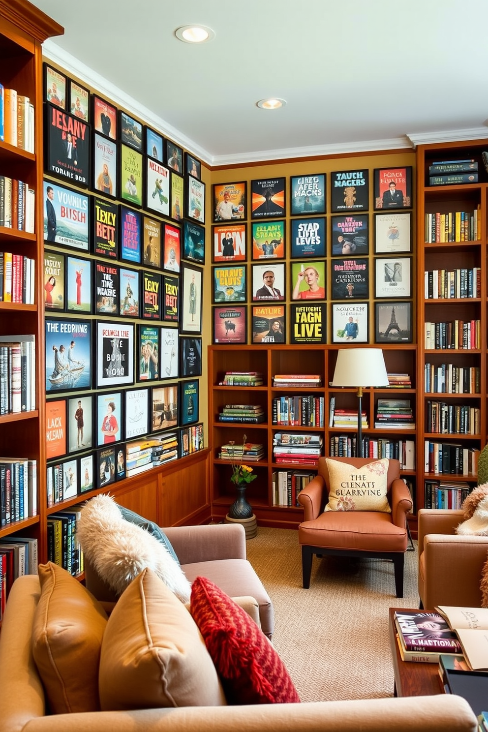 A gallery wall showcasing an array of favorite book covers fills one side of a cozy home library. The wall is adorned with framed covers in various sizes, creating a vibrant and inviting focal point. Surrounding the gallery wall, plush seating options invite relaxation and reading. A warm color palette with wooden bookshelves and soft lighting enhances the inviting atmosphere of the space.