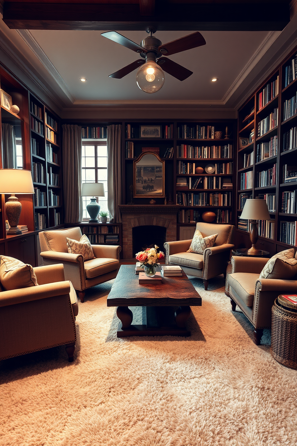 A cozy home library filled with soft lighting and layered textures. Plush armchairs are arranged around a rustic wooden coffee table, inviting relaxation and reading. Bookshelves line the walls, filled with an eclectic mix of books and decorative items. A large, soft area rug anchors the space, adding warmth and comfort underfoot.