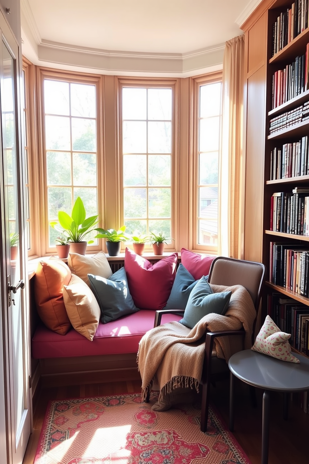 Cozy window seat with cushions. A plush window seat is adorned with an array of soft, colorful cushions, creating an inviting nook. Sunlight streams through the large window, illuminating the space with a warm glow. Potted plants are placed on the windowsill, adding a touch of greenery to the cozy atmosphere. Cozy home library design ideas. The library features floor-to-ceiling bookshelves filled with an eclectic collection of books. A comfortable reading chair is nestled in the corner, accompanied by a small side table and a warm throw blanket for added comfort.