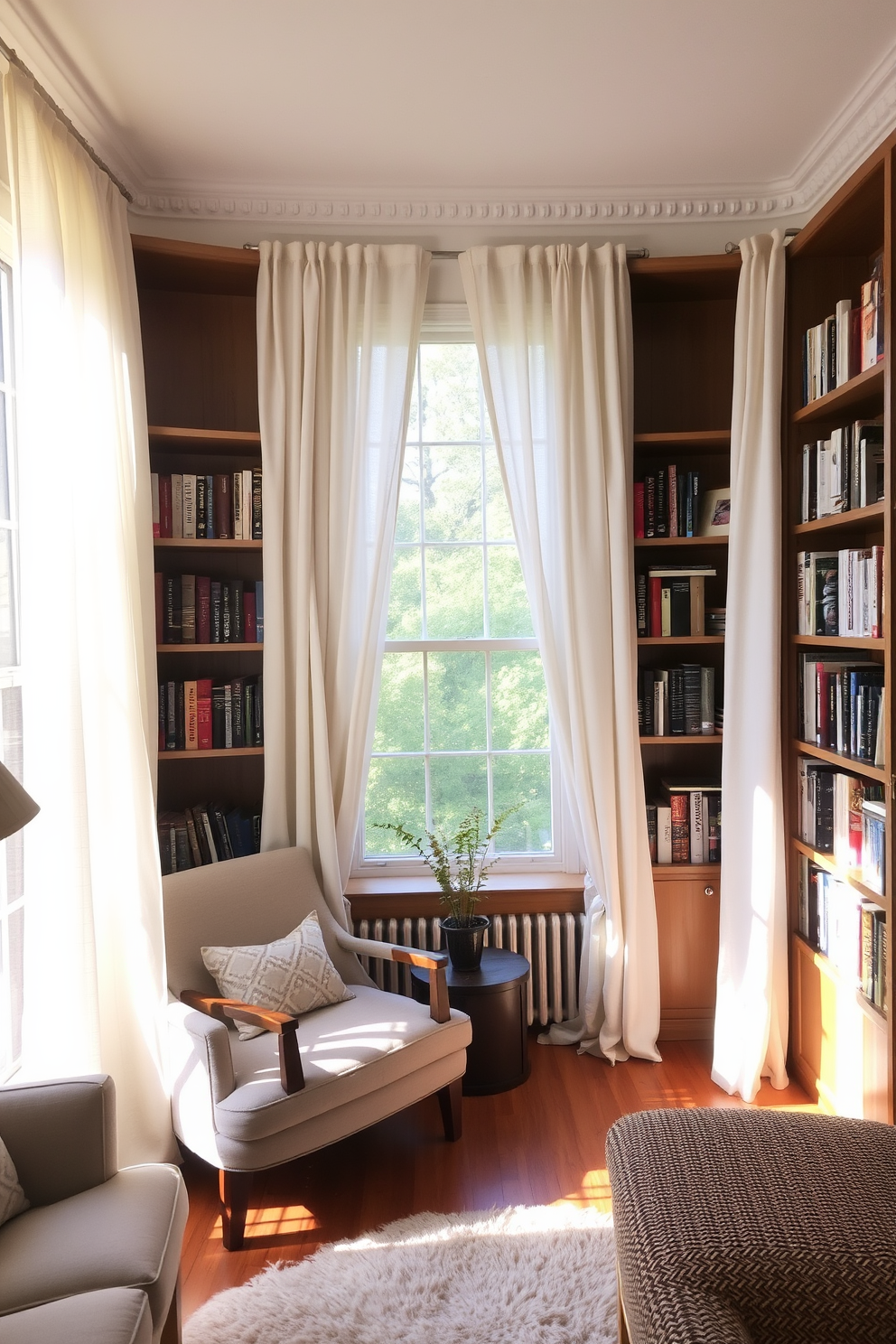 A cozy home library with soft curtains that gently filter light creating a serene atmosphere. The space features comfortable seating, warm wooden shelves filled with books, and a plush area rug to enhance the inviting ambiance.