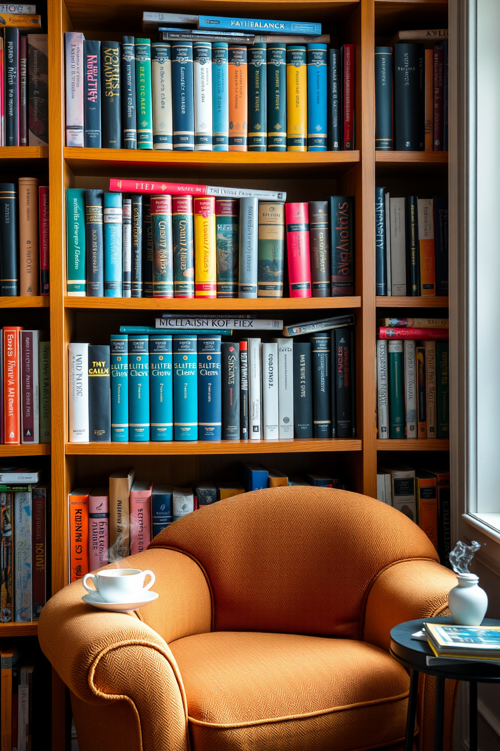 A cozy home library with colorful book spines arranged on wooden shelves. A plush armchair in a warm fabric is nestled in a corner, accompanied by a small side table holding a steaming cup of tea.