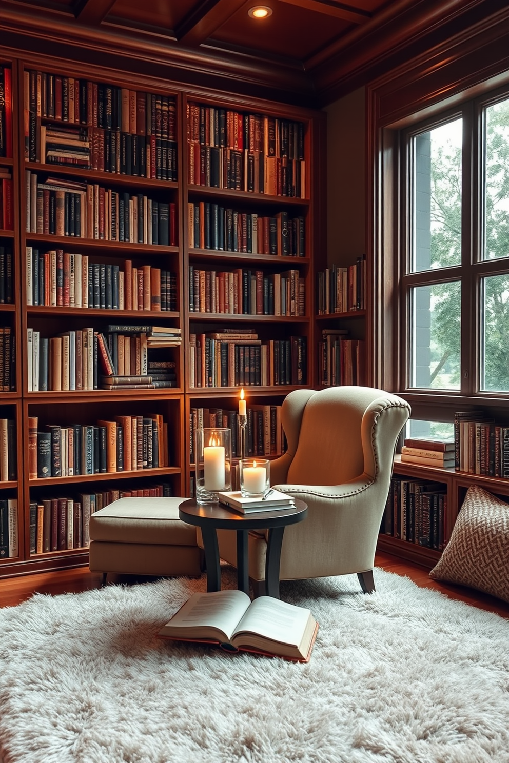 A cozy home library featuring warm wooden bookshelves filled with an array of books. A plush armchair is positioned near a large window, with a small side table holding scented candles that create a relaxing ambiance. Soft lighting illuminates the space, highlighting a rich, deep color palette on the walls. A thick, comfortable rug lies beneath a small reading nook, inviting you to settle in with a good book.