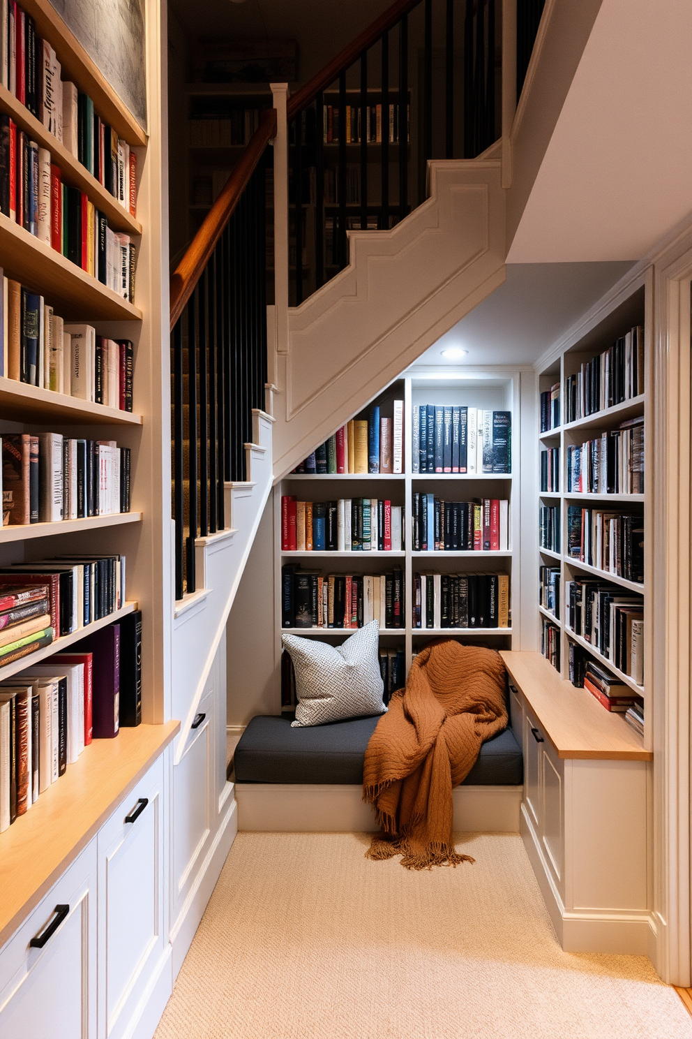 A cozy home library nestled under the stairs features built-in bookshelves that stretch from floor to ceiling, showcasing a curated collection of books. A comfortable reading nook with plush cushions and a warm throw invites relaxation, while soft lighting creates an inviting atmosphere.