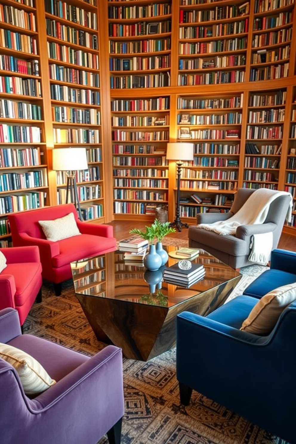 A unique coffee table designed to spark conversation features a geometric shape made of reclaimed wood with a glass top. Surrounding the table are plush, oversized chairs in vibrant colors, creating an inviting atmosphere for guests. The cozy home library is designed with floor-to-ceiling bookshelves filled with a variety of books. A comfortable reading nook is created with a large armchair, a soft throw blanket, and warm lighting from a stylish floor lamp.