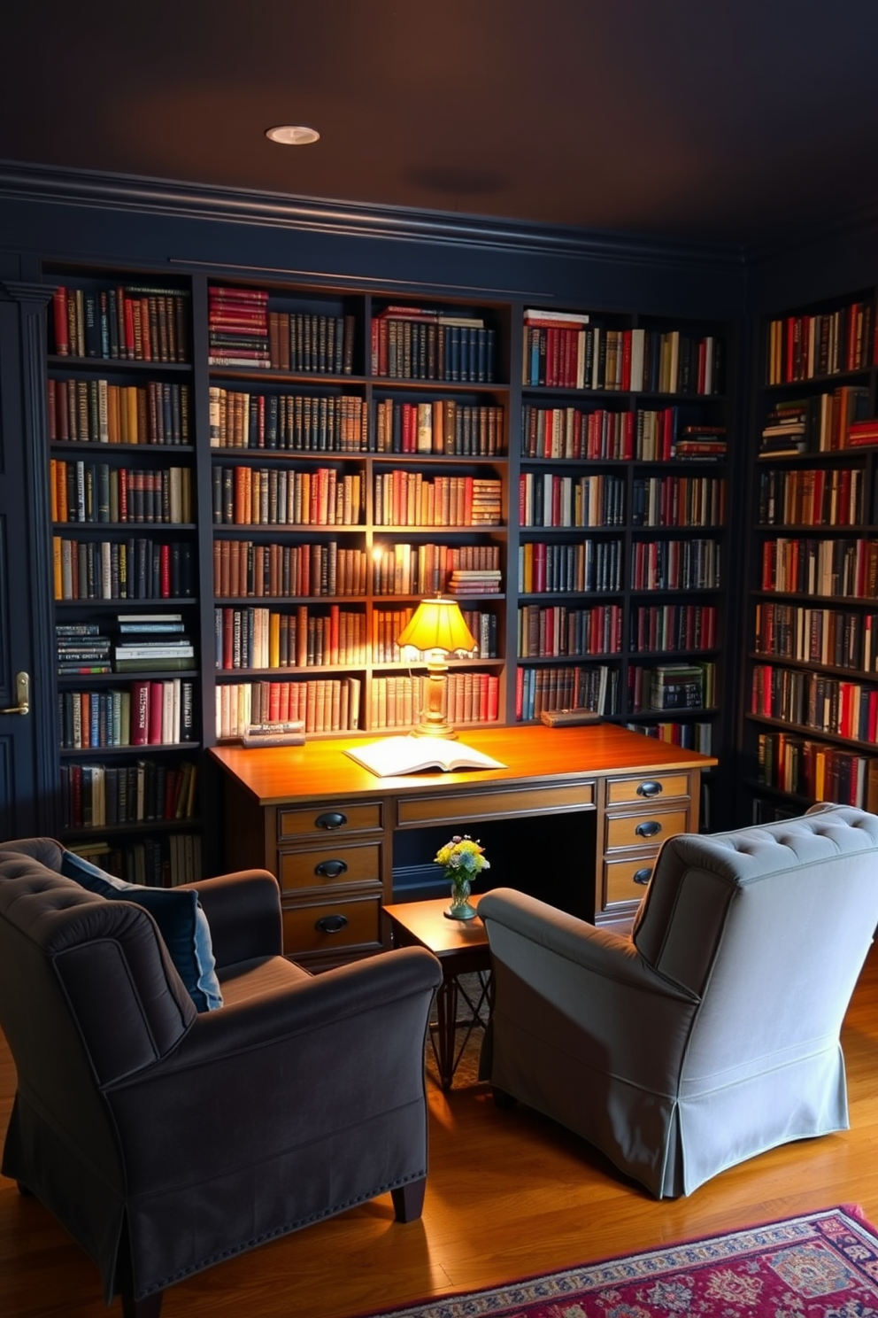 A cozy home library featuring a large wooden desk positioned against a wall lined with bookshelves filled with an array of books. Soft, warm lighting from a vintage lamp illuminates the desk, creating an inviting space for writing and reading. Plush armchairs are arranged in a corner, accompanied by a small side table for drinks or snacks. The walls are painted in a deep navy blue, while a rich, patterned area rug adds warmth to the hardwood floor.