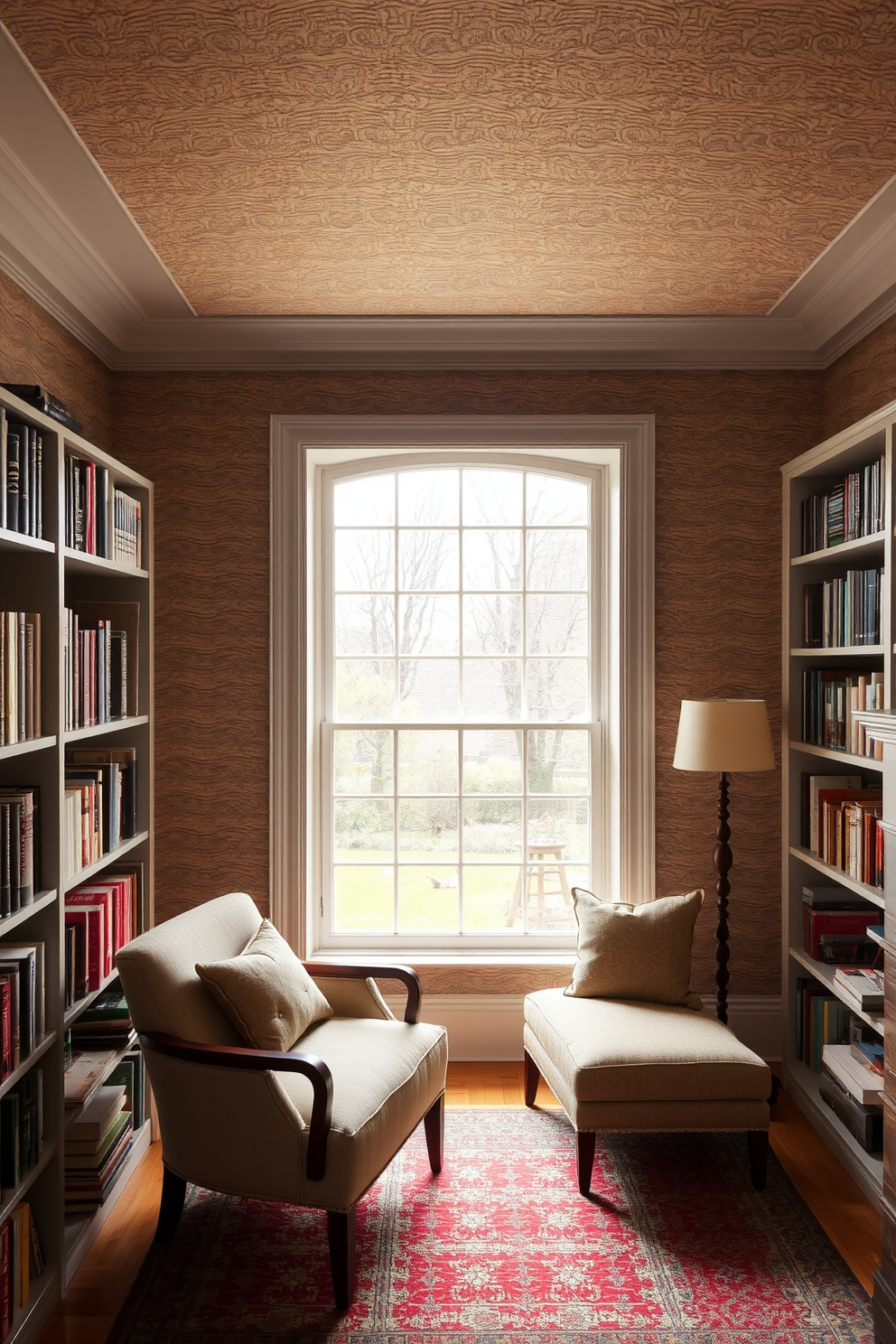 A cozy home library featuring textured wallpaper that adds depth and warmth to the space. The shelves are filled with an array of books, and a comfortable reading chair is positioned near a large window, inviting natural light into the room.