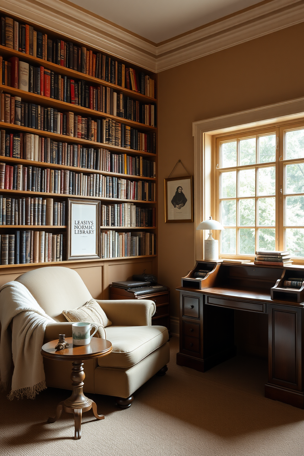 A cozy home library filled with shelves of books reaching the ceiling. A plush armchair sits in the corner, draped with a soft blanket, next to a small wooden side table holding a steaming cup of tea. The walls are painted a warm beige, adorned with framed artwork inspired by classic literature. A large window lets in natural light, illuminating a rich, wooden desk positioned against the opposite wall.