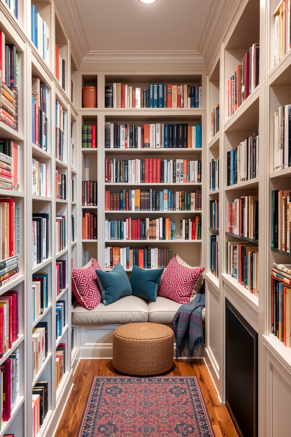 A cozy home library featuring built-in bookshelves that reach from floor to ceiling. Nestled within the shelves are comfortable reading nooks adorned with plush cushions and warm throw blankets.