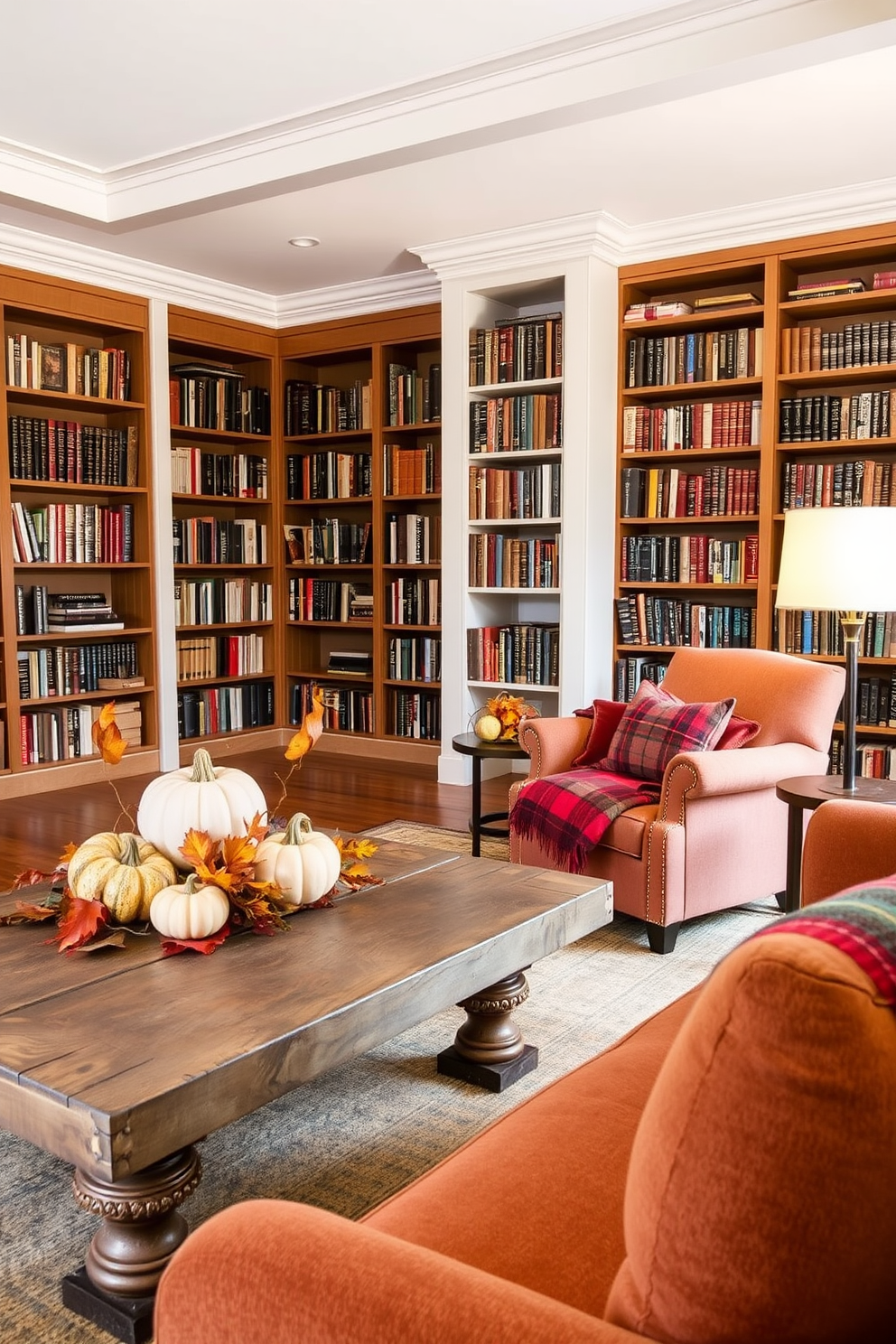 Seasonal decor for a fresh look. The living room features a rustic wooden coffee table adorned with pumpkins and autumn leaves, while a vibrant plaid throw blanket drapes over the armchair. Cozy Home Library Design Ideas. The library showcases floor-to-ceiling bookshelves filled with books, and a plush reading nook with a velvet armchair and a warm, inviting floor lamp.