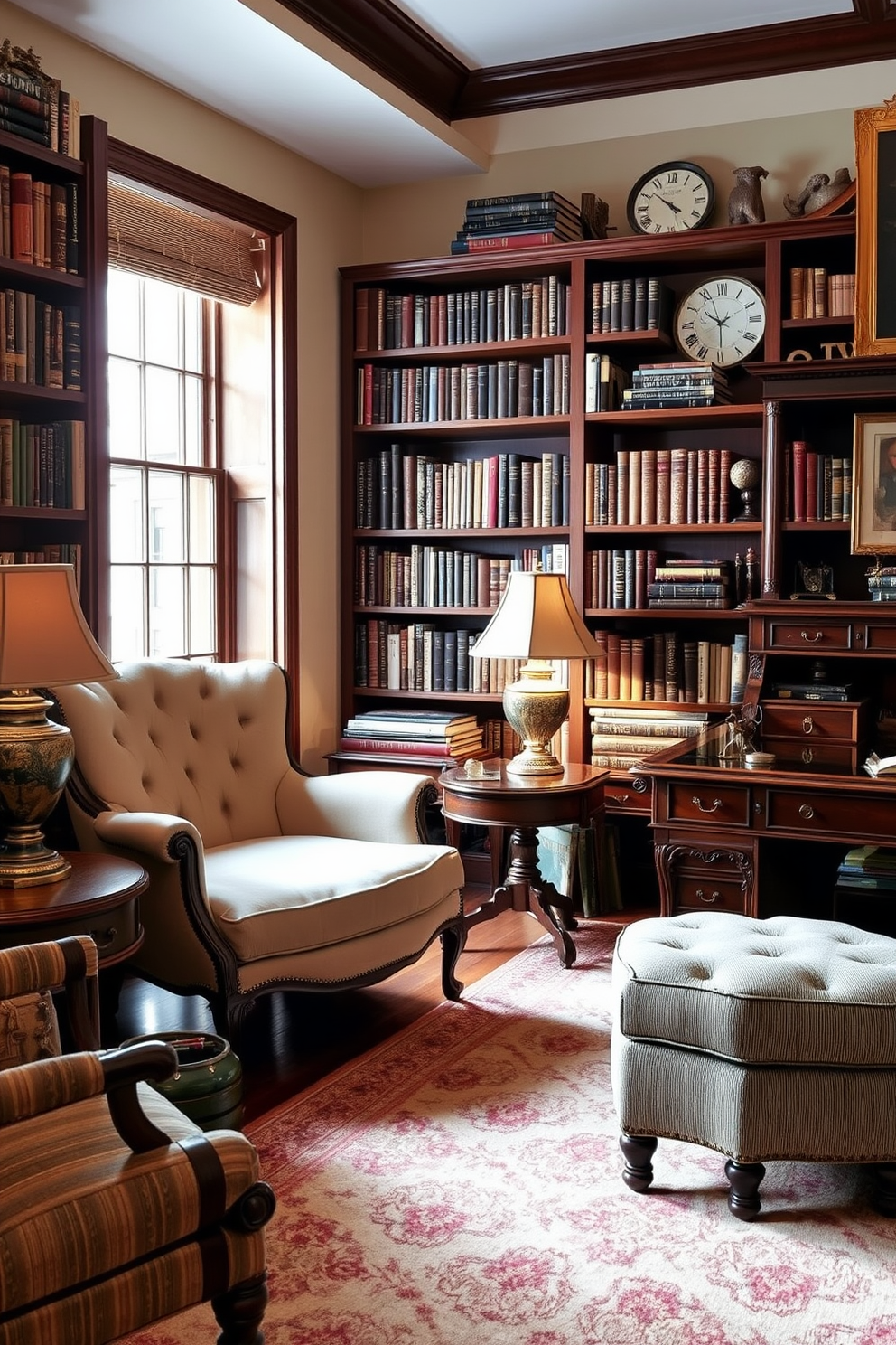 A cozy home library features vintage furniture that exudes a timeless feel. A large, plush armchair is positioned next to a wooden bookshelf filled with classic novels and decorative items. A rich mahogany desk sits in the corner, accompanied by an antique lamp casting a warm glow. The walls are adorned with framed artwork and a soft, patterned rug lies underfoot, adding comfort to the space.