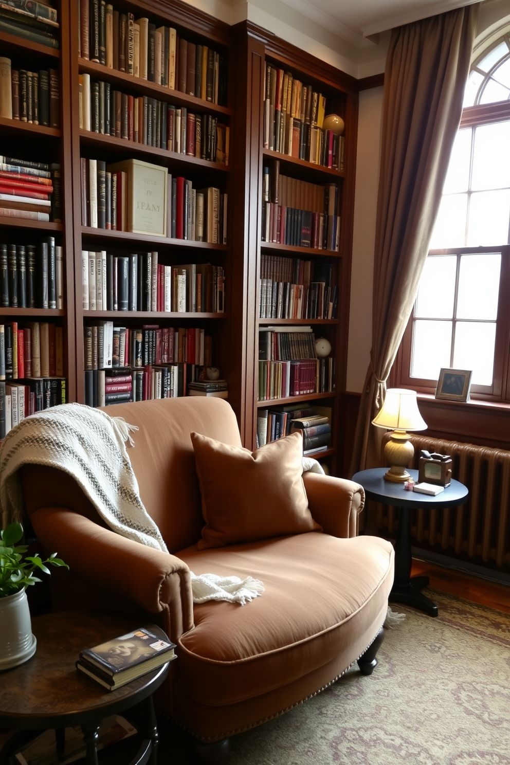 A cozy home library featuring an oversized armchair positioned by a large window. The chair is upholstered in a rich fabric and complemented by a soft throw blanket draped over one arm. Surrounding the armchair are tall bookshelves filled with an eclectic mix of books and decorative items. A small side table next to the chair holds a reading lamp and a steaming cup of tea, inviting relaxation and comfort.