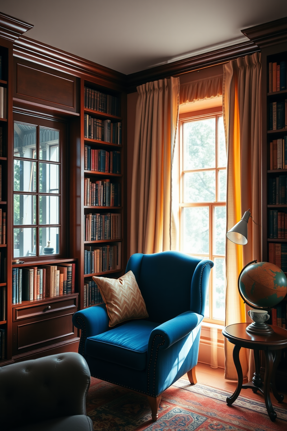 A cozy home library with rich mahogany bookshelves filled with an array of books. A plush, deep blue armchair is positioned near a large window, draped with soft, warm curtains that let in gentle sunlight. The walls are painted in a warm terracotta hue, creating an inviting atmosphere. A small wooden side table holds a steaming cup of tea, while a vintage globe sits nearby, adding a touch of character to the space.