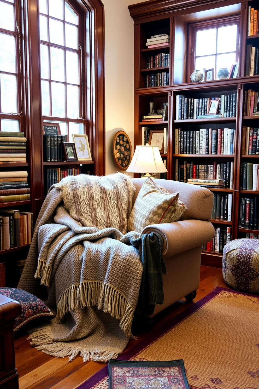 A cozy home library filled with warmth and charm. Soft throw blankets are draped over a plush armchair, while decorative pillows in various textures and patterns adorn the seating area. Rich wooden bookshelves line the walls, showcasing an array of books and personal mementos. A warm rug anchors the space, inviting you to sink into the comfortable atmosphere.