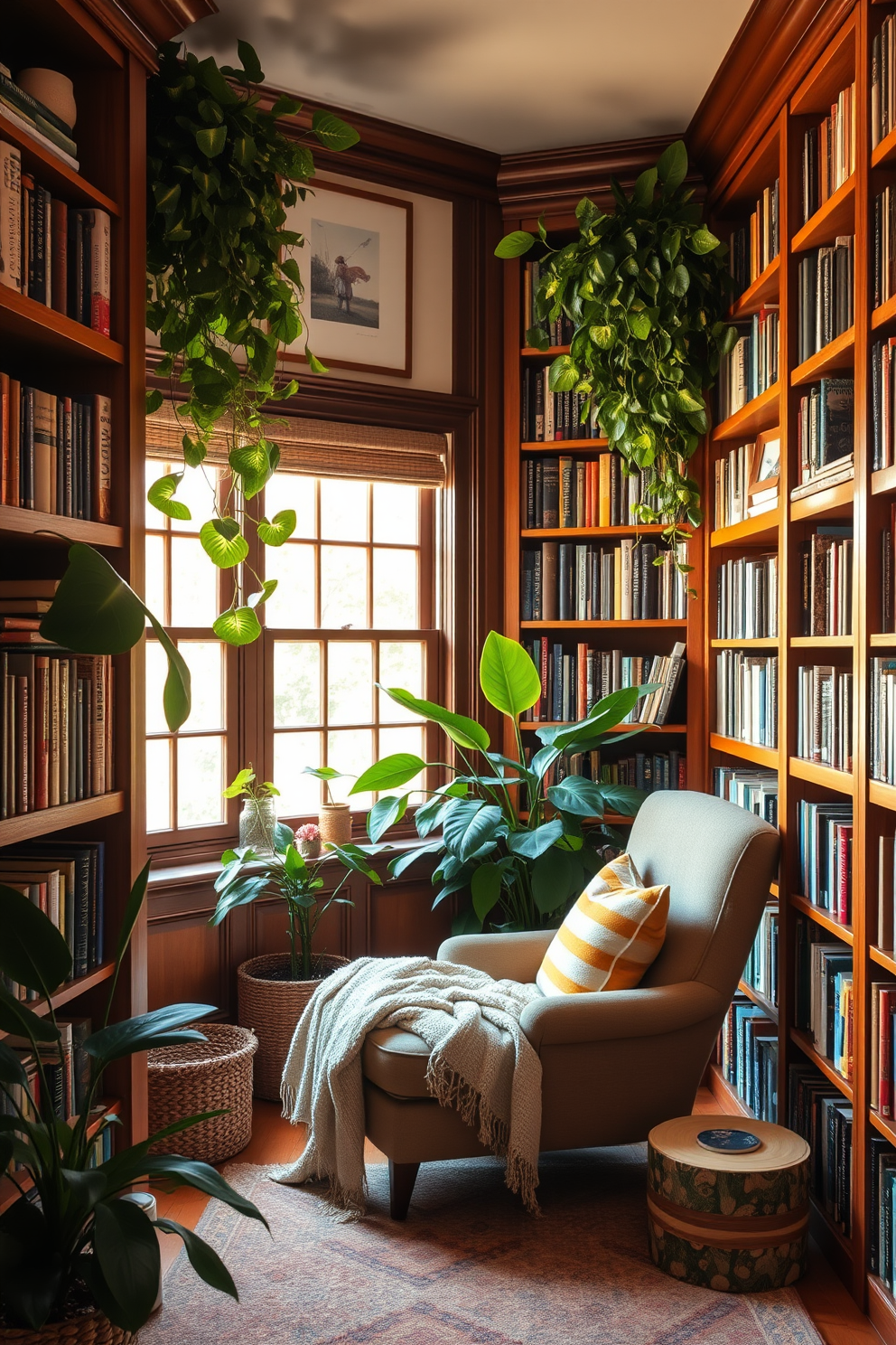 A cozy home library filled with natural elements. Rich wooden bookshelves line the walls, showcasing an array of books and decorative items. Lush green plants are strategically placed around the room, bringing life and freshness. A comfortable reading nook features a plush armchair and a soft throw blanket by a window that lets in warm, natural light.