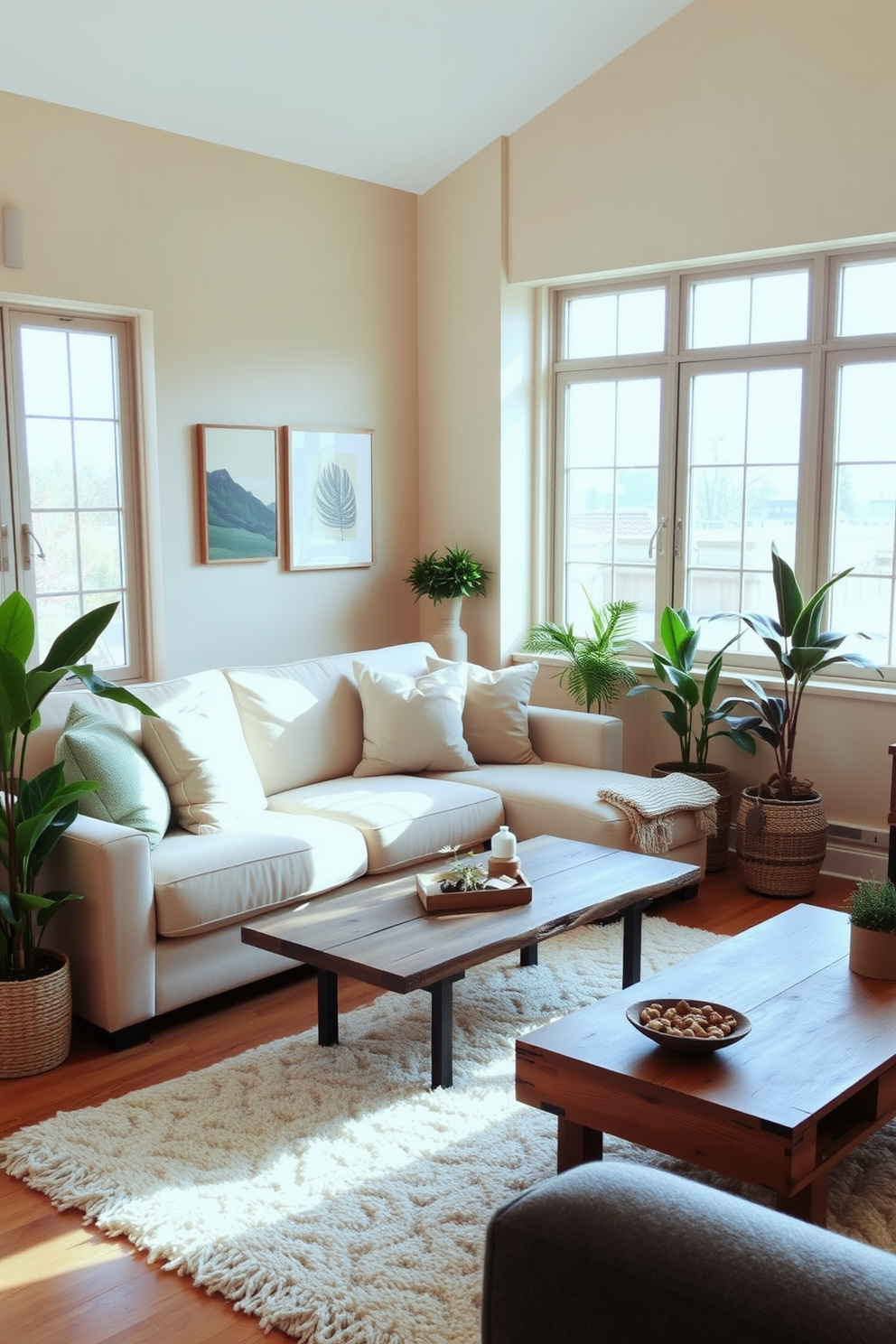 A cozy living room featuring a warm neutral color palette for the walls. The space includes a plush beige sofa adorned with soft throw pillows and a stylish coffee table made of reclaimed wood. Natural light streams in through large windows, illuminating a soft area rug that anchors the seating area. A collection of indoor plants adds a touch of greenery, while art pieces in muted tones decorate the walls.