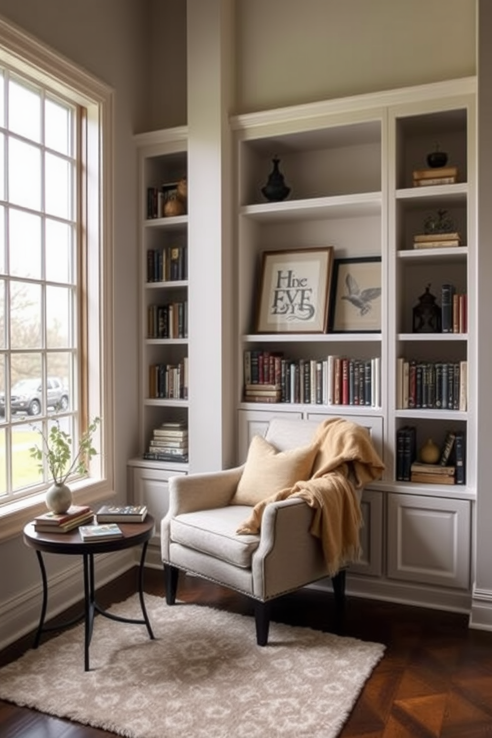 Create a serene reading nook by large windows that allow natural light to flood the space. The nook features a plush armchair upholstered in soft fabric, accompanied by a small side table for books and a warm throw blanket draped over the chair. Incorporate built-in shelves filled with books and decorative items, enhancing the cozy atmosphere. Add a soft area rug beneath the chair to define the space and provide comfort underfoot.