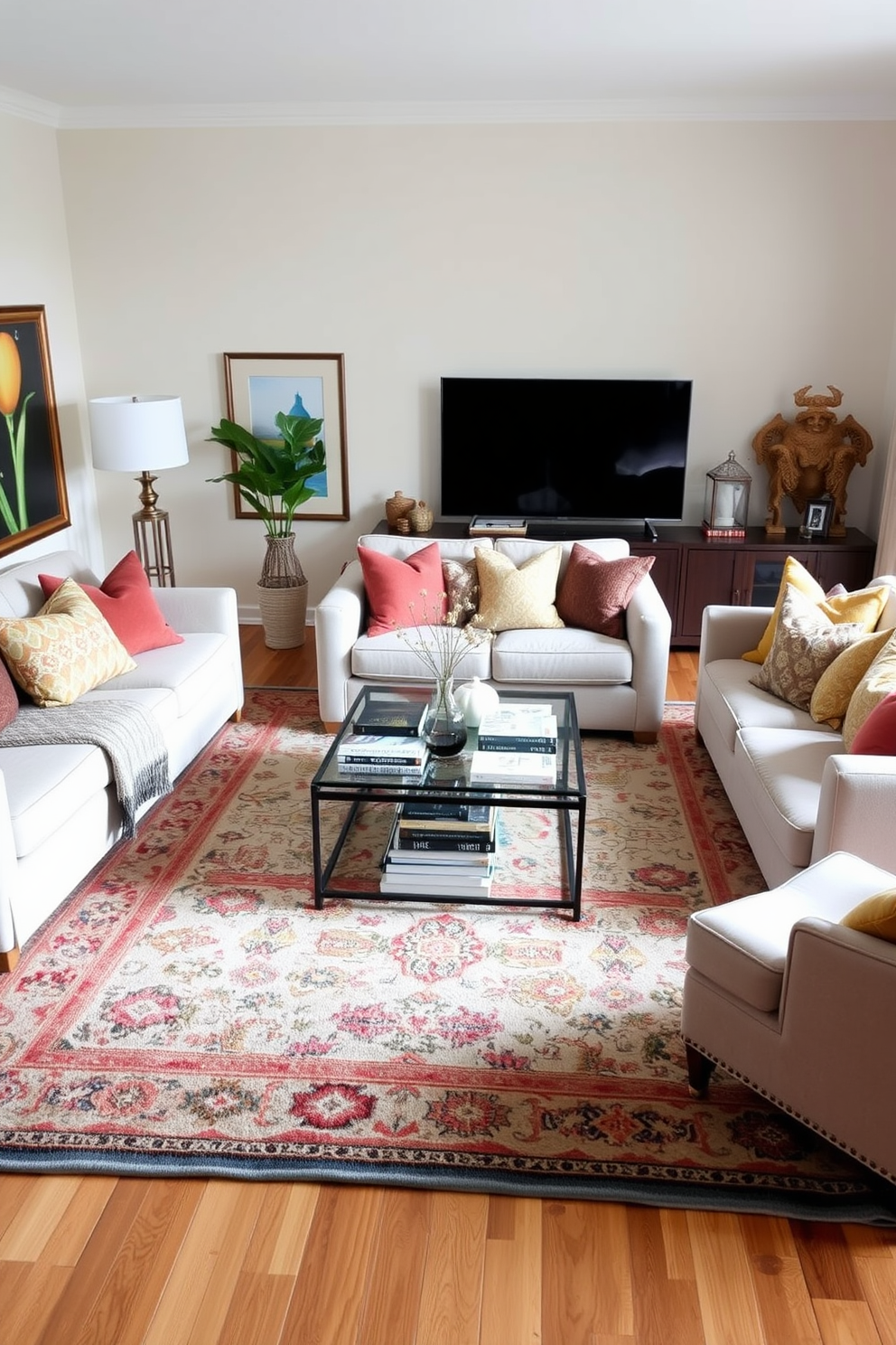 A cozy living room features a large area rug that adds warmth and comfort to the space. Soft, plush seating arrangements are complemented by decorative throw pillows in inviting colors. The walls are adorned with tasteful artwork that reflects personal style. A coffee table sits at the center, surrounded by an array of books and decorative items for an inviting atmosphere.