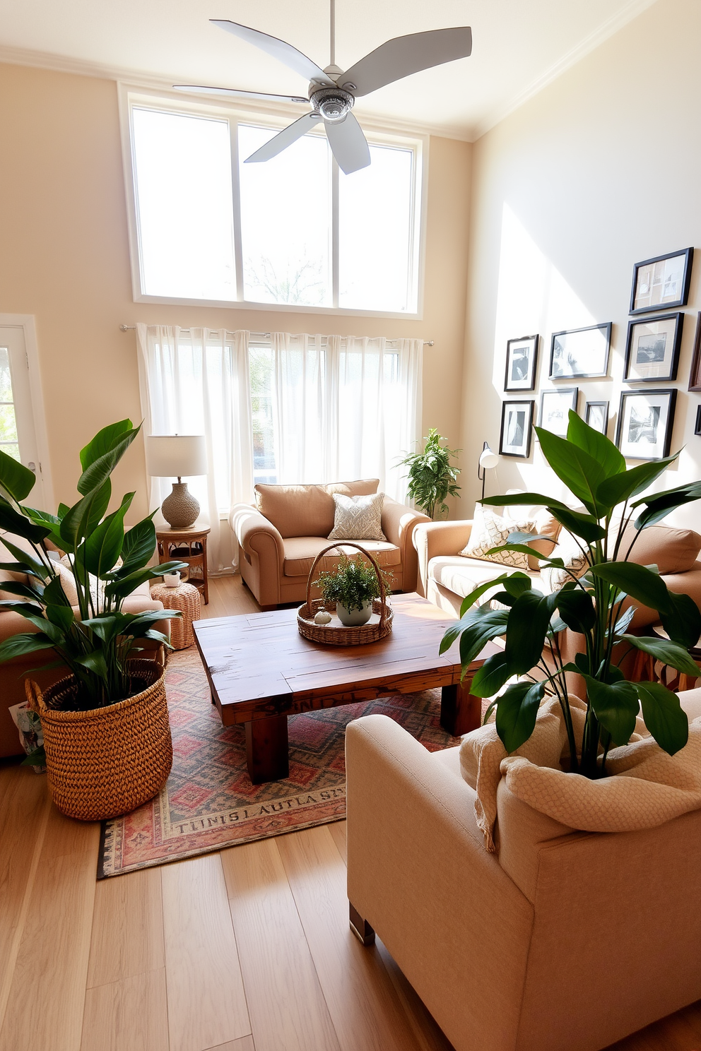 A cozy living room filled with natural light. There are plush sofas arranged around a rustic wooden coffee table, and large indoor plants in woven baskets add a touch of freshness to the space. The walls are painted in a soft beige hue, creating a warm and inviting atmosphere. A patterned area rug anchors the seating area, while a gallery wall of framed art adds personality and charm.