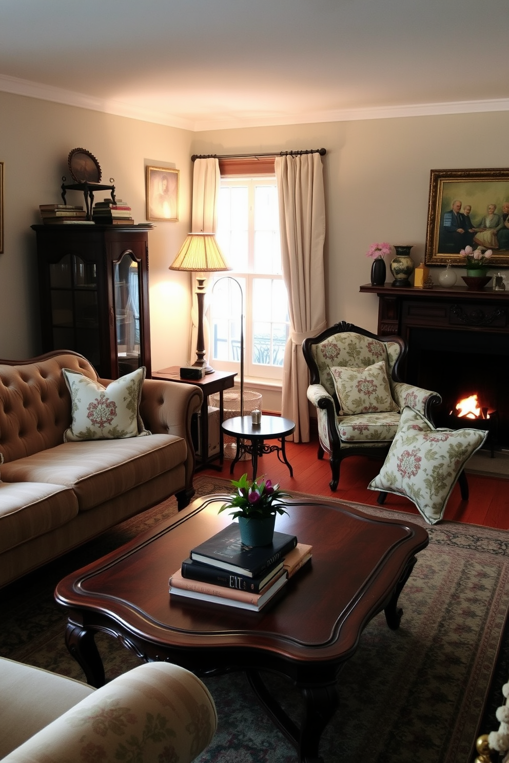 A cozy living room filled with vintage furniture pieces that add character and charm. A plush, faded velvet sofa is paired with an ornate wooden coffee table adorned with a stack of books and a small potted plant. The room features a vintage armchair upholstered in a floral fabric, positioned next to a warm, inviting fireplace. Soft, ambient lighting from a stylish floor lamp creates a welcoming atmosphere, while patterned throw pillows add a pop of color to the space.