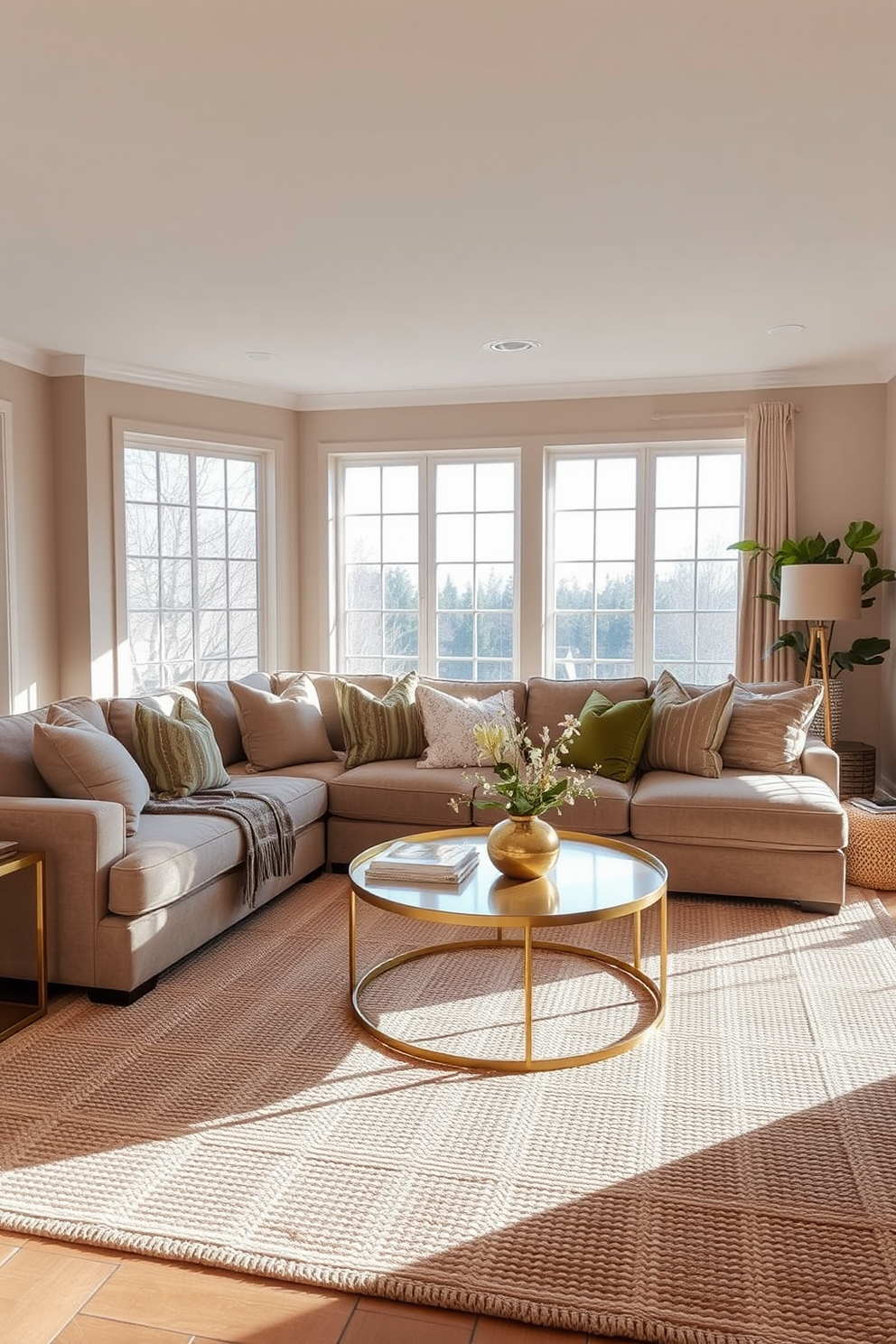 A cozy living room featuring warm metallic accents in brass. The space includes a plush sectional sofa adorned with soft throw pillows and a stylish coffee table with a brass finish. The walls are painted in a soft beige, creating an inviting atmosphere. Large windows allow natural light to flood the room, highlighting the rich textures of a woven area rug.