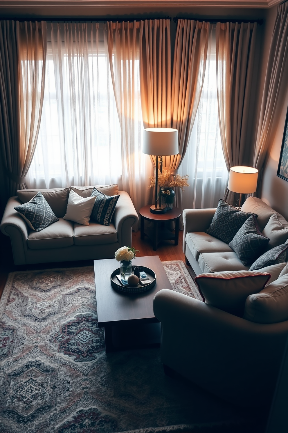 A cozy living room setting filled with soft textures and warm colors. Plush sofas are arranged around a coffee table, with soft curtains draping elegantly over the windows to create a welcoming atmosphere. A large area rug anchors the space, adding warmth and comfort underfoot. Decorative cushions in various patterns and shades invite relaxation, while a stylish floor lamp provides gentle lighting for a serene ambiance.