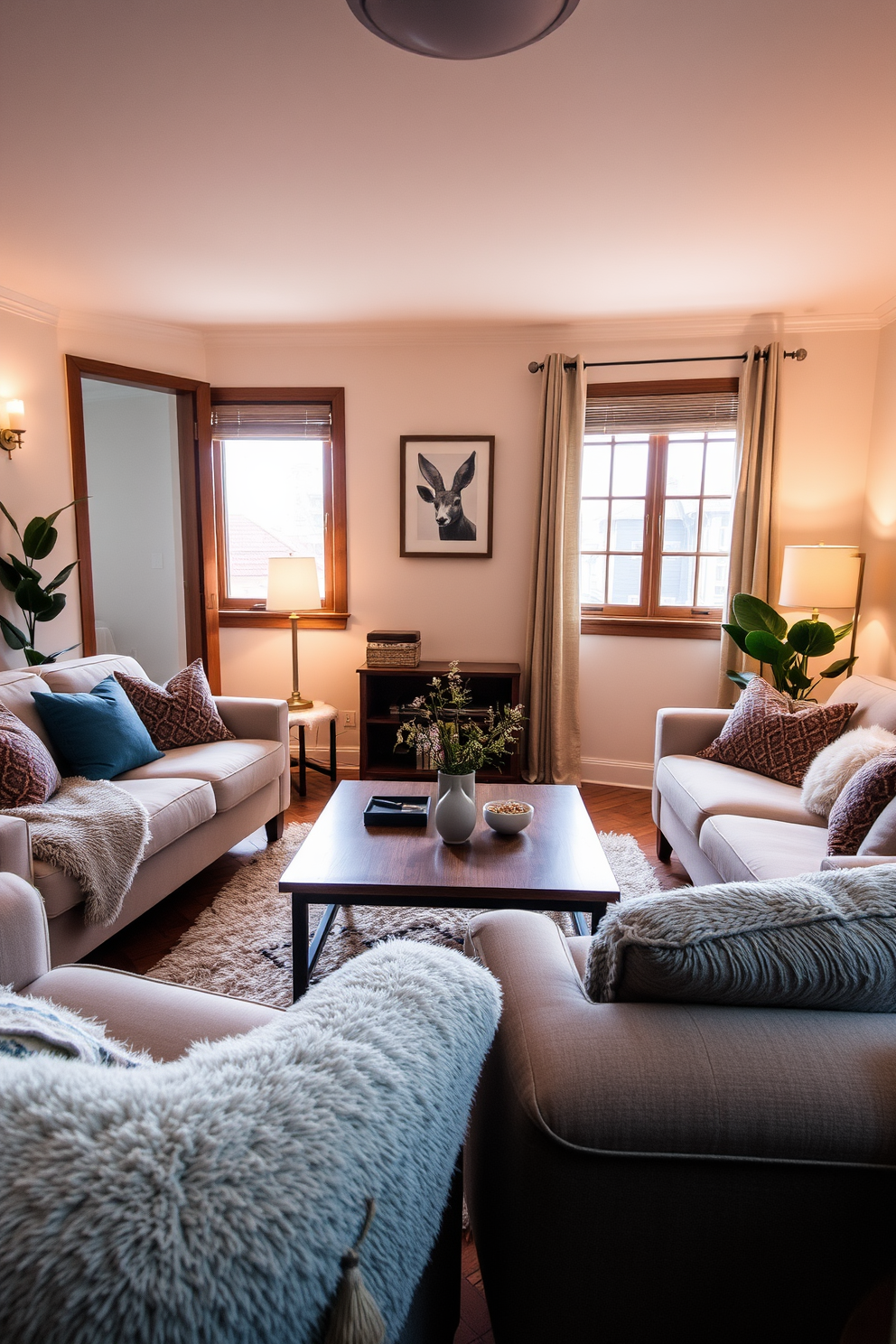 A cozy living room features a low coffee table surrounded by plush seating options. Soft lighting creates an inviting atmosphere, while a warm color palette enhances the relaxed vibe.