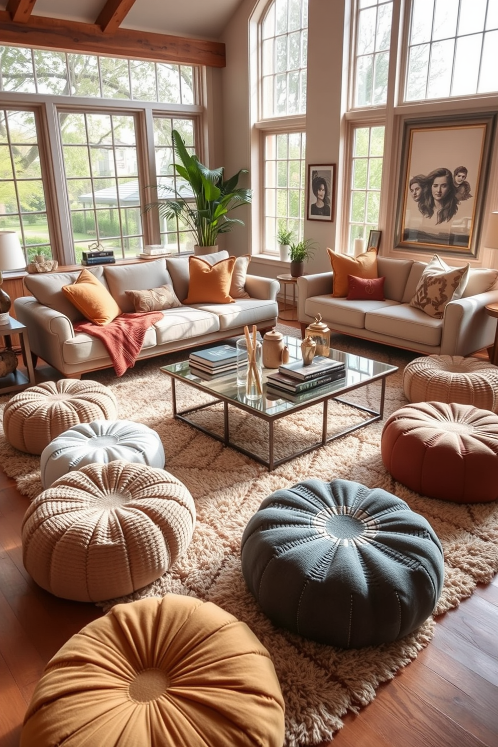 A cozy living room setting filled with warmth and comfort. Soft poufs in various textures and colors are scattered around a plush area rug, inviting relaxation and conversation. A large, comfortable sofa faces a stylish coffee table adorned with books and decorative items. Natural light pours in through large windows, highlighting the inviting atmosphere of the space.