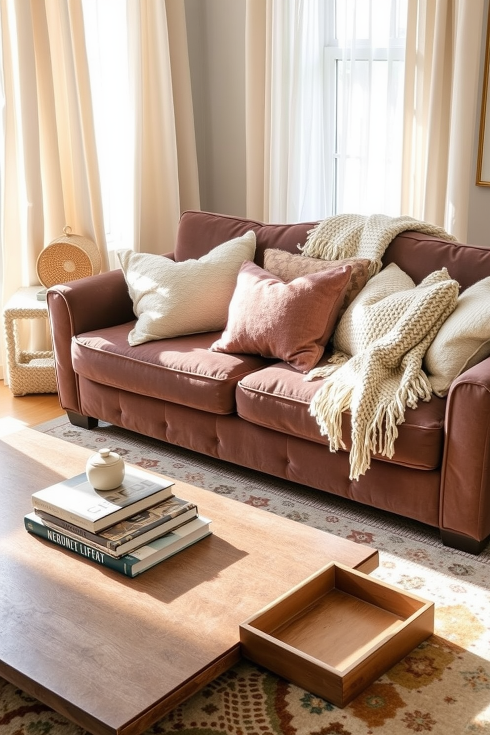 A cozy living room featuring layered textiles to enhance comfort. Plush throw pillows in various textures are arranged on a deep-seated sofa, complemented by a soft knitted blanket draped over the armrest. A large area rug anchors the space, with a mix of patterns and colors that invite relaxation. Natural light pours in through sheer curtains, illuminating a coffee table adorned with books and a decorative tray.