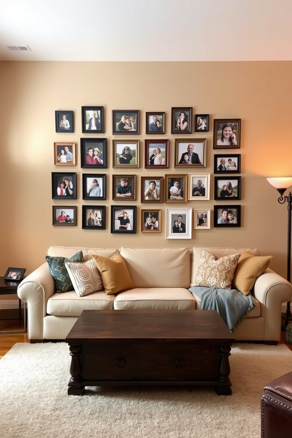 A gallery wall filled with family photos showcases a variety of frames in different sizes and styles. The wall is painted in a soft beige, creating a warm backdrop that highlights the cherished memories. The cozy living room features a plush sectional sofa adorned with colorful throw pillows. A rustic coffee table sits in the center, surrounded by a soft area rug and warm lighting from an elegant floor lamp.