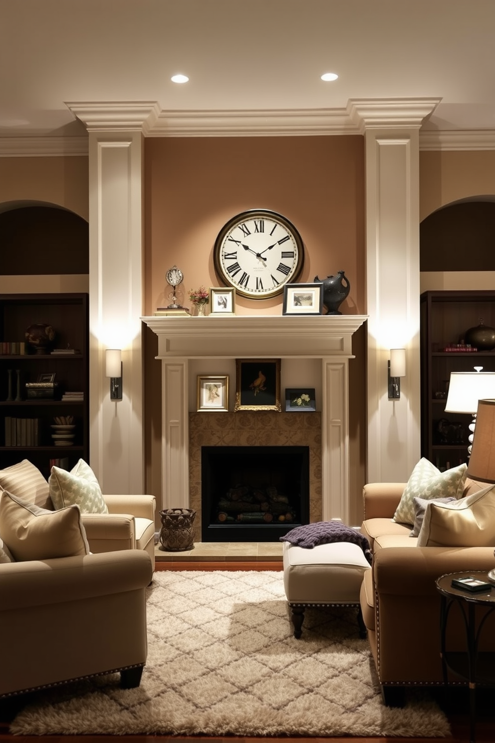 A cozy living room features a stunning focal point with a beautifully designed mantle. The mantle is adorned with decorative items, framed photos, and a stylish clock, creating an inviting atmosphere. The walls are painted in warm neutral tones, complemented by plush seating arrangements. A soft area rug anchors the space, while ambient lighting from elegant lamps adds to the cozy vibe.