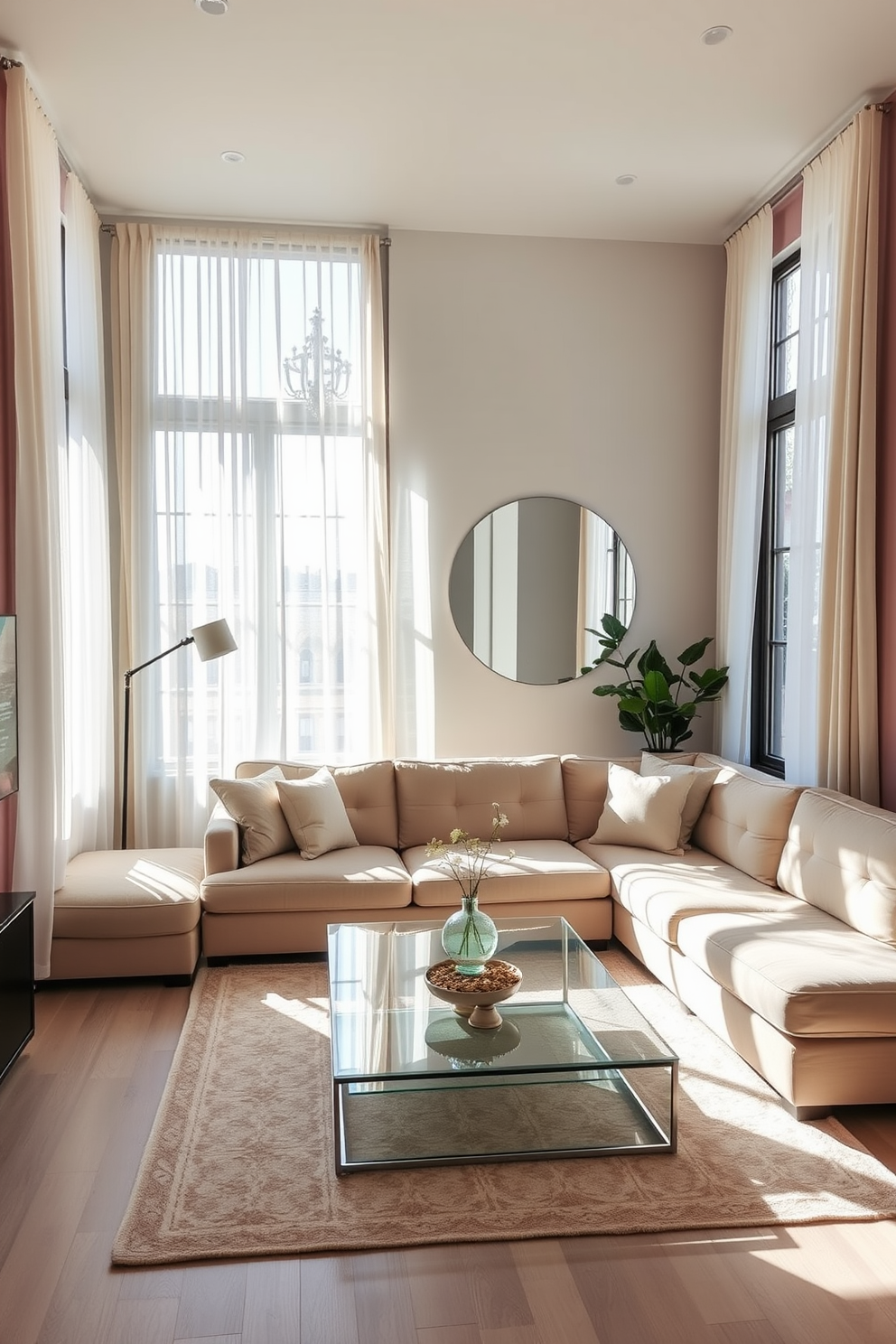 A cozy living room filled with natural light. Large windows draped with sheer white curtains allow sunlight to flood the space, creating a warm atmosphere. A plush sectional sofa in a soft beige fabric faces a sleek glass coffee table. On the wall behind the sofa, a large round mirror reflects the light and adds depth to the room.