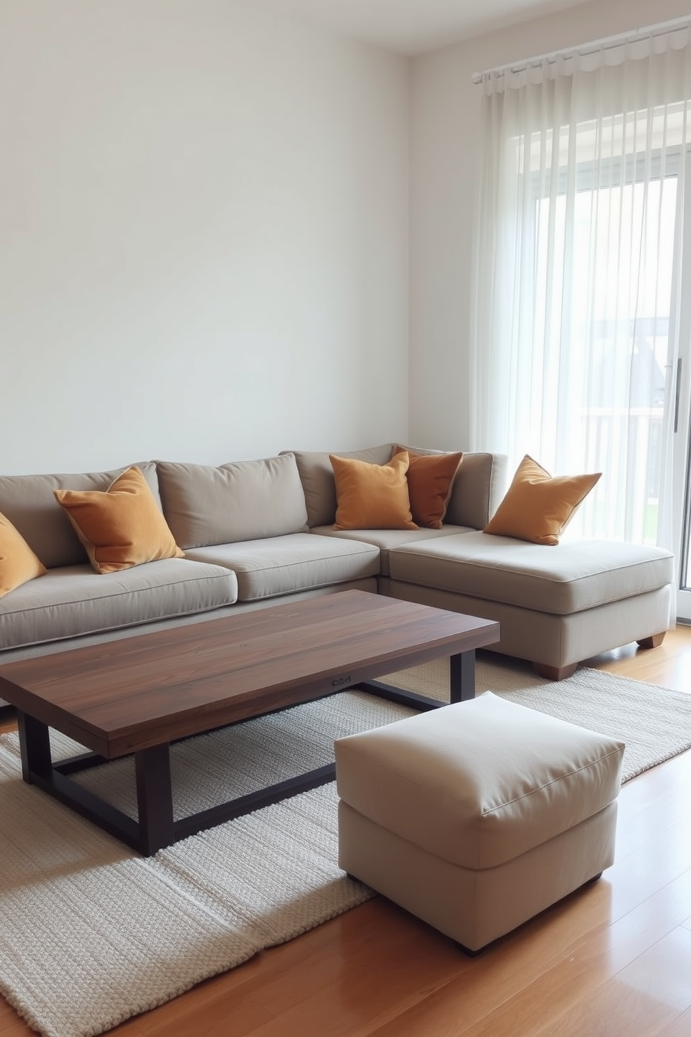 A cozy living room setting features a plush sofa adorned with soft throw pillows in warm tones. In front of the sofa, a wooden coffee table sits atop a textured area rug, creating an inviting atmosphere. To enhance comfort, a soft ottoman is placed nearby, serving as a footrest and additional seating. The walls are painted in a light, neutral color, and a large window allows natural light to fill the space, complemented by sheer curtains.