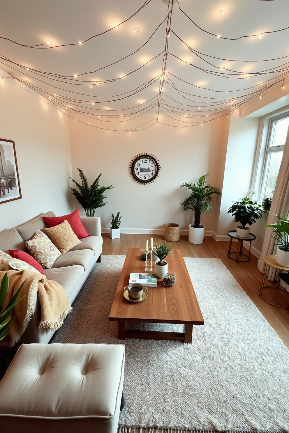 A cozy living room with soft lighting creates an inviting atmosphere. Plush sofas are adorned with an array of colorful cushions, and a warm throw is draped over the armrest. The walls are painted in a soft cream color, enhancing the room's warmth. A wooden coffee table sits in the center, surrounded by stylish side tables, and a large area rug adds texture underfoot. Fairy lights are hung across the ceiling, casting a gentle glow throughout the space. Potted plants are placed in the corners, bringing a touch of nature indoors.