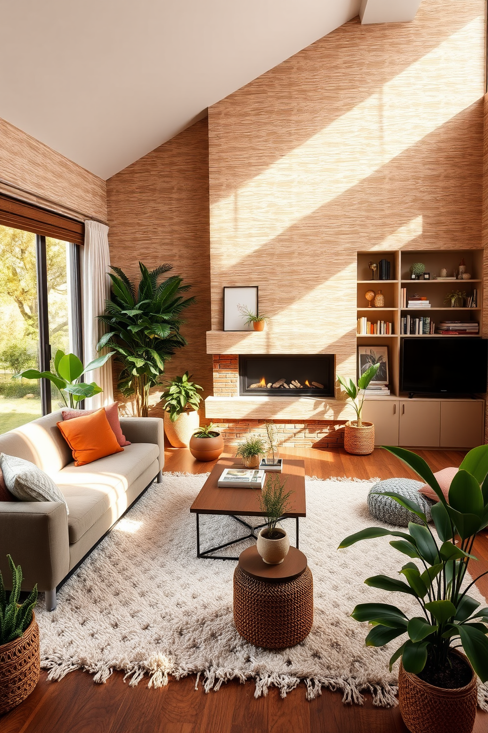 A cozy living room setting with textured wallpaper that adds depth to the space. The room features a plush sectional sofa adorned with colorful throw pillows, a soft area rug underfoot, and a stylish coffee table in the center. Natural light pours in through large windows, highlighting a collection of indoor plants placed strategically around the room. A modern fireplace serves as a focal point, surrounded by built-in shelves filled with books and decorative items.