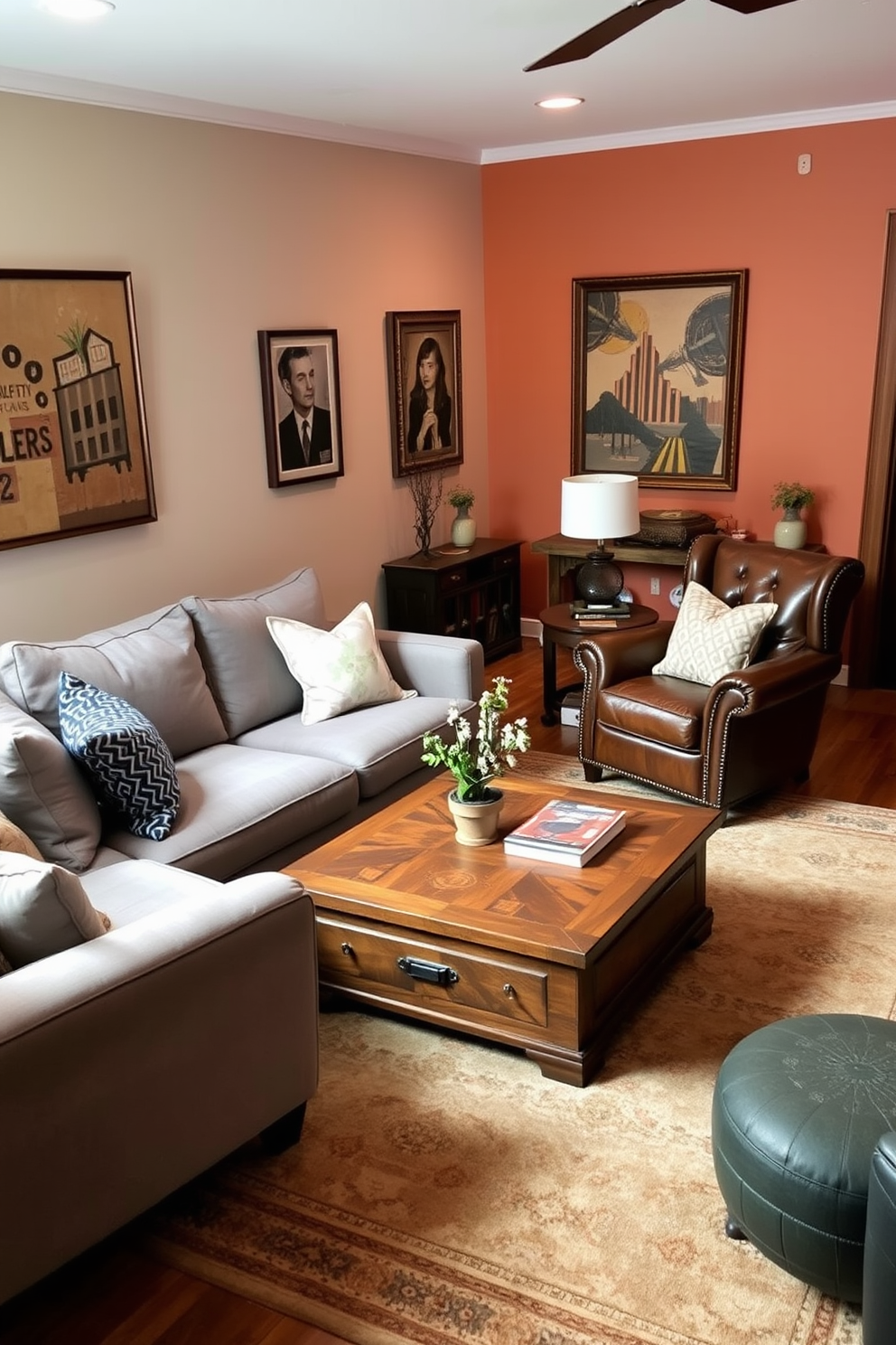 A cozy living room designed with a mix of seating styles. A plush sectional sofa in a soft gray fabric is paired with a vintage leather armchair, creating an inviting atmosphere. The walls are adorned with warm-toned artwork, and a large area rug anchors the space. A wooden coffee table sits at the center, surrounded by decorative pillows in various patterns and textures.