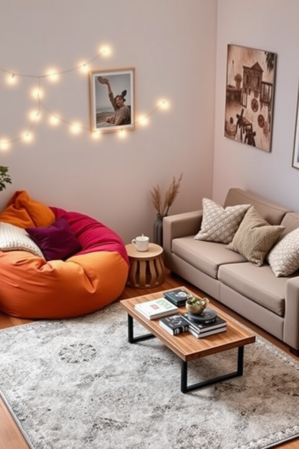 A cozy corner featuring oversized bean bags in vibrant colors and plush cushions scattered around. A small side table holds a steaming cup of tea, while soft fairy lights create a warm and inviting ambiance. The living room is designed with a comfortable sectional sofa adorned with textured throw pillows. A large area rug anchors the space, complementing a wooden coffee table filled with books and decorative items.