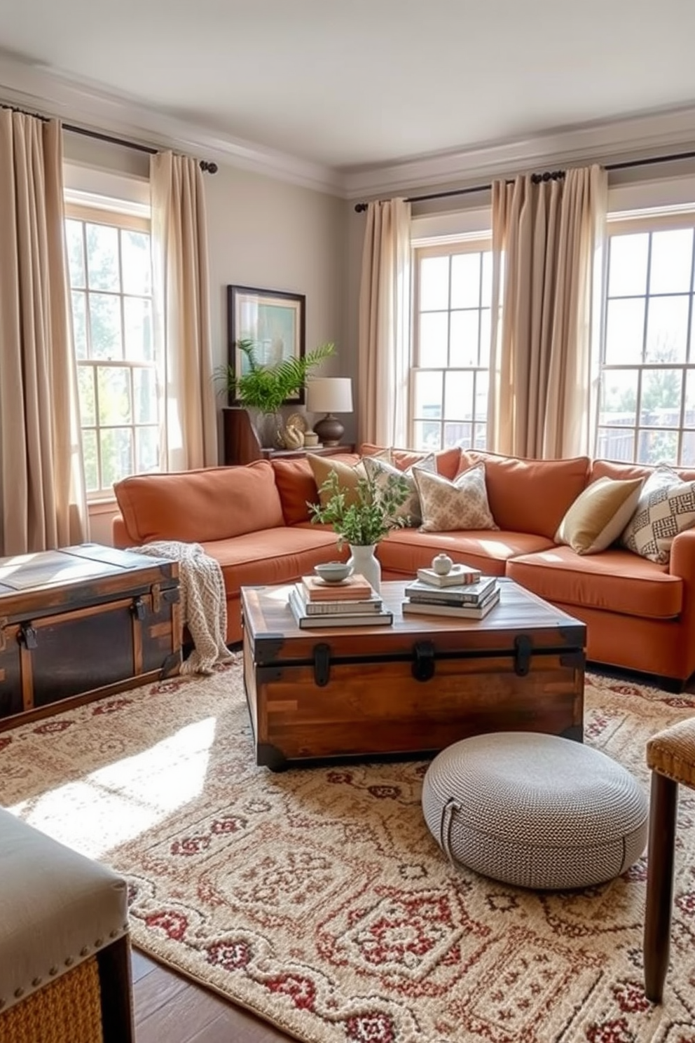 A cozy living room featuring a vintage trunk that serves as a stylish storage solution. The room is adorned with a plush sectional sofa in warm tones, complemented by a soft area rug that anchors the space. Natural light floods in through large windows dressed with sheer curtains, enhancing the inviting atmosphere. A coffee table made of reclaimed wood sits in the center, surrounded by an array of decorative pillows and a few carefully chosen books.