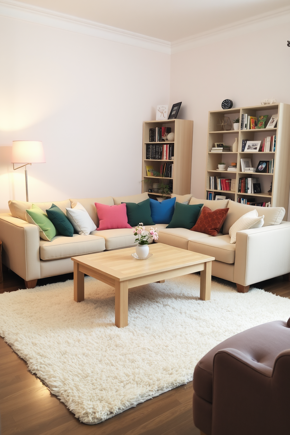 A cozy living room setting with soft pastel walls and a plush beige sofa adorned with colorful throw pillows. A light wooden coffee table sits in the center, surrounded by a soft area rug that adds warmth to the space. In one corner, a tall bookshelf filled with books and decorative items creates an inviting atmosphere. A floor lamp with a warm glow stands next to the sofa, enhancing the room's cozy ambiance.