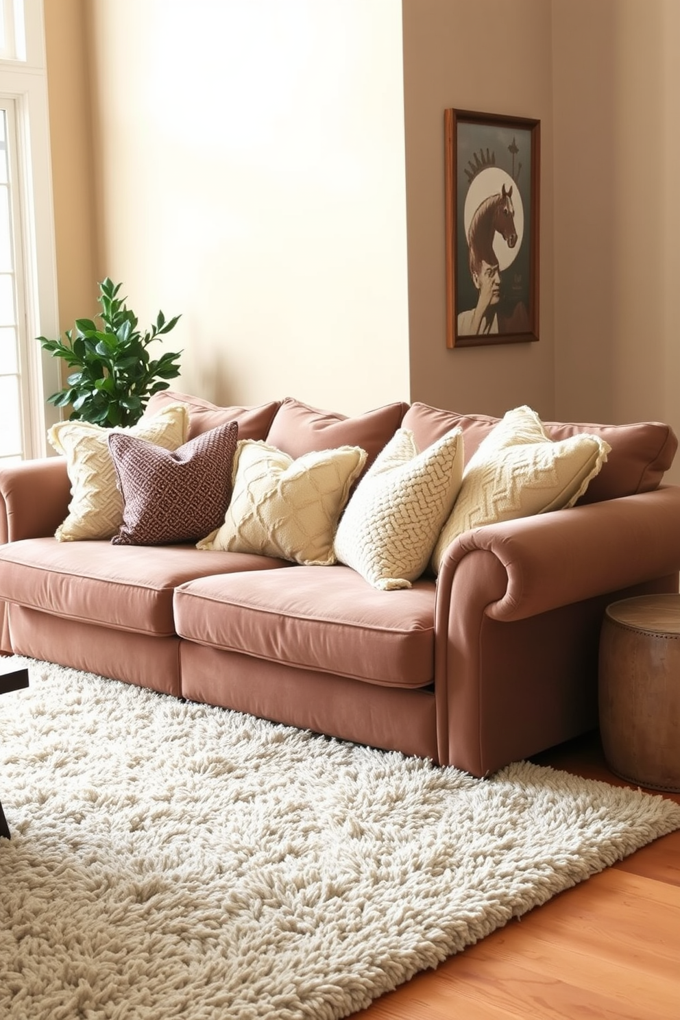 A cozy living room features an oversized plush sofa adorned with soft throw pillows in various textures. The walls are painted in a warm neutral tone, and a plush area rug anchors the seating area, adding comfort and style.