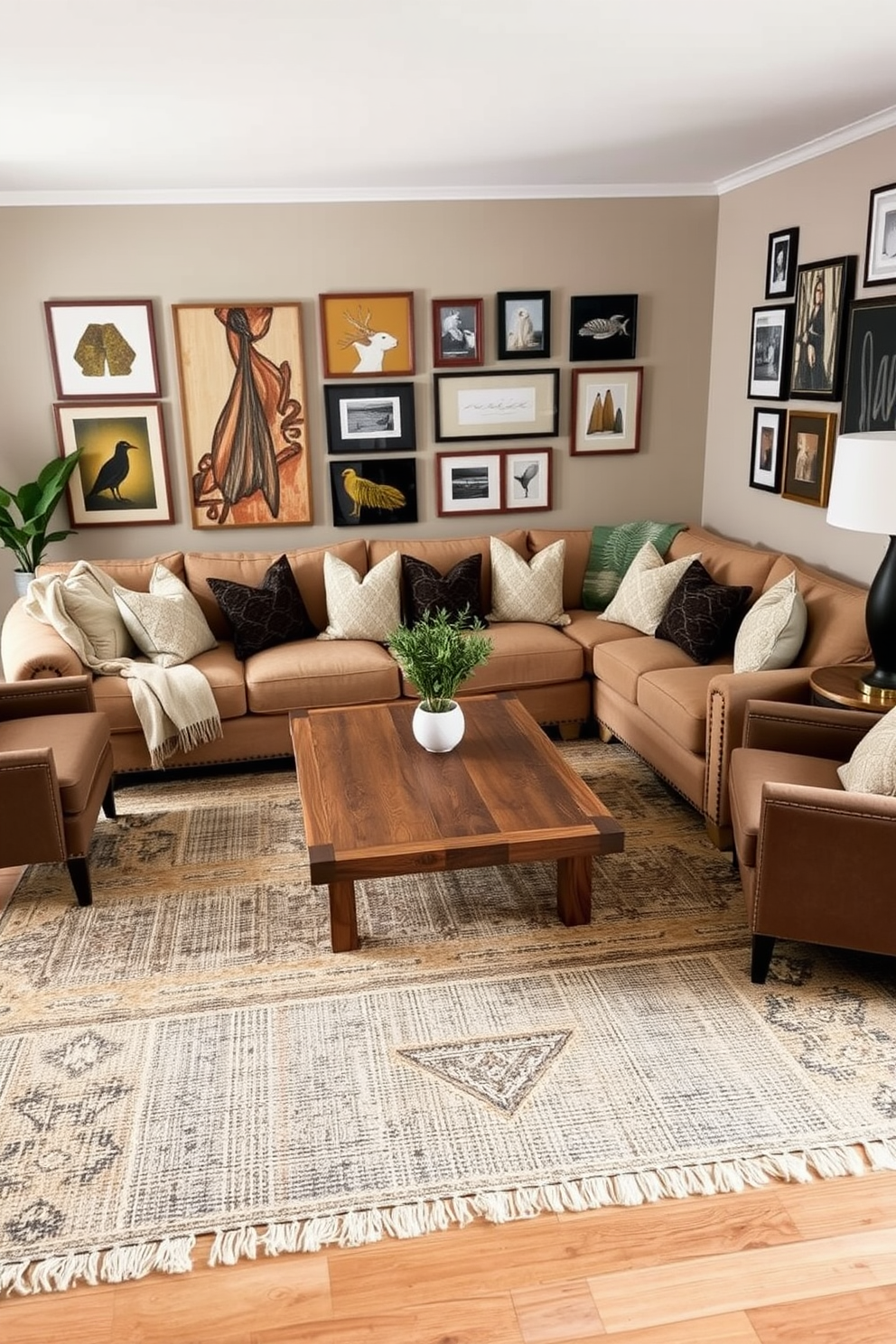 Create zones with area rugs in a cozy living room. The space features a plush sectional sofa adorned with soft throw pillows, positioned on a large, textured area rug that defines the seating area. A coffee table made of reclaimed wood sits at the center, surrounded by two accent chairs that invite relaxation. A warm color palette of earthy tones enhances the inviting atmosphere, while a gallery wall of framed art adds personality to the room.