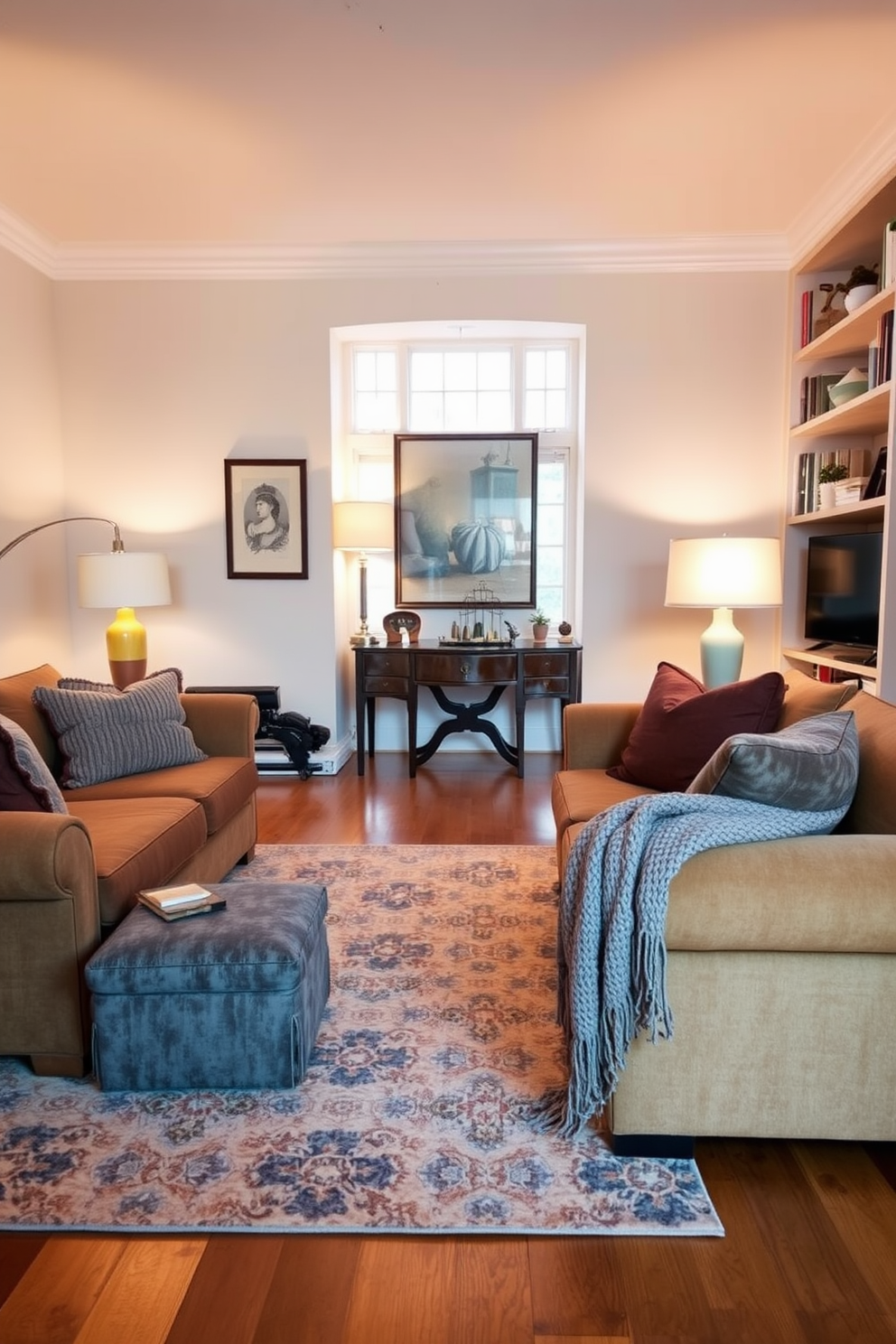 A cozy living room adorned with soft lighting from elegant floor lamps. Plush sofas in warm tones invite relaxation, complemented by textured throw pillows and a knitted blanket draped over the armrest. A large area rug anchors the space, featuring a subtle pattern that adds warmth to the hardwood floor. Shelves filled with books and decorative items line the walls, creating an inviting atmosphere perfect for unwinding.