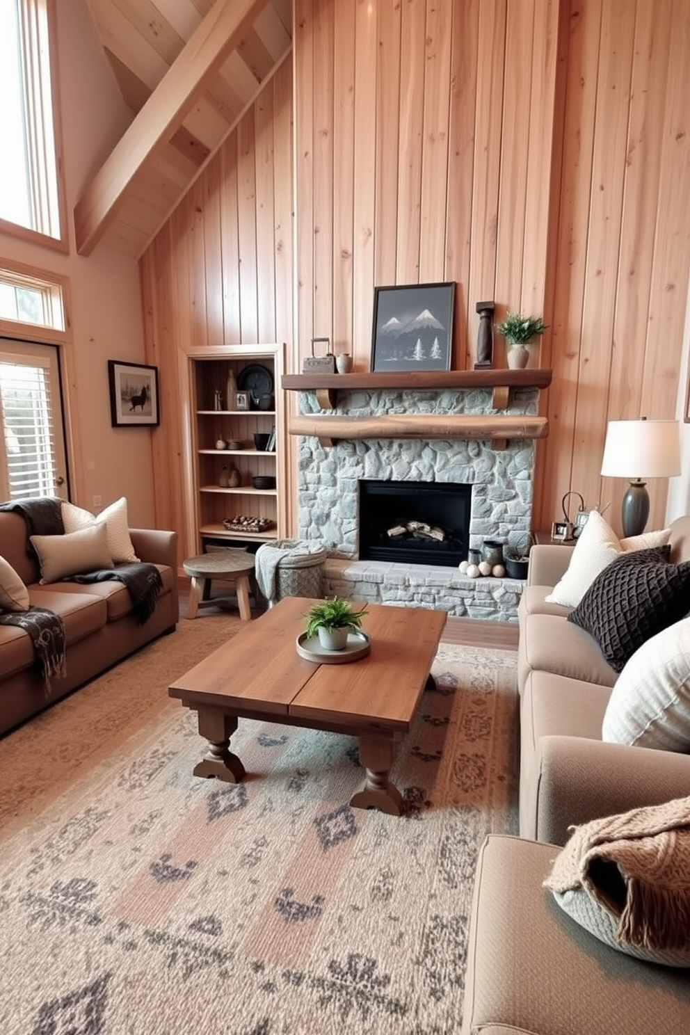 A cozy living room filled with natural wood accents creates a warm and inviting atmosphere. The walls are adorned with light-colored wood paneling, and a large wooden coffee table sits at the center, surrounded by plush sofas. A fireplace with a rustic wooden mantel serves as a focal point, providing both warmth and charm. Soft throw blankets and decorative pillows in earthy tones enhance the comfort of the space.