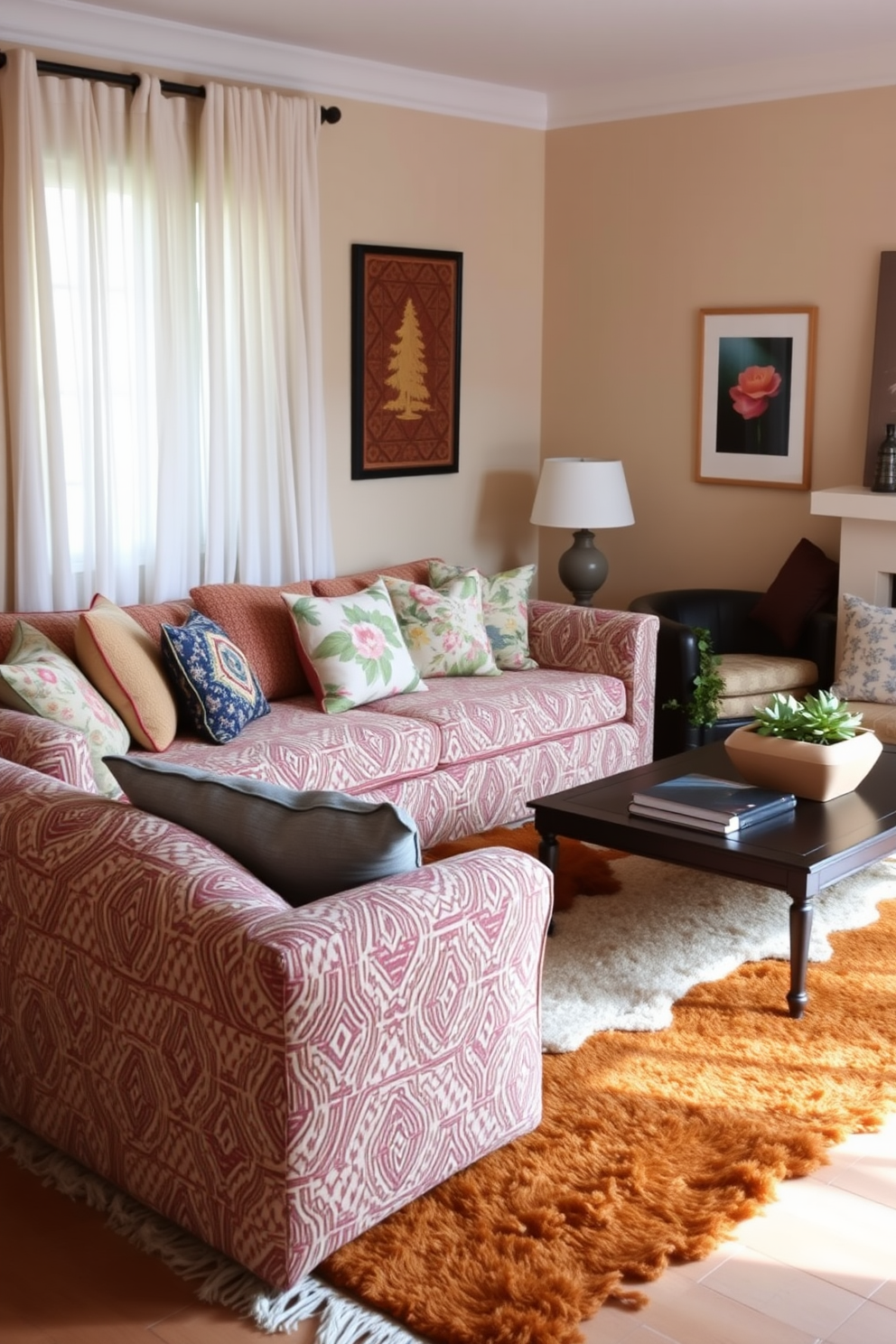 A cozy living room featuring a mix of patterned cushions and rugs. The space is adorned with a plush sofa dressed in a vibrant geometric print, complemented by an array of floral and striped cushions. The floor is covered with a soft area rug that combines various textures and colors. A warm color palette enhances the inviting atmosphere, while a stylish coffee table anchors the room.