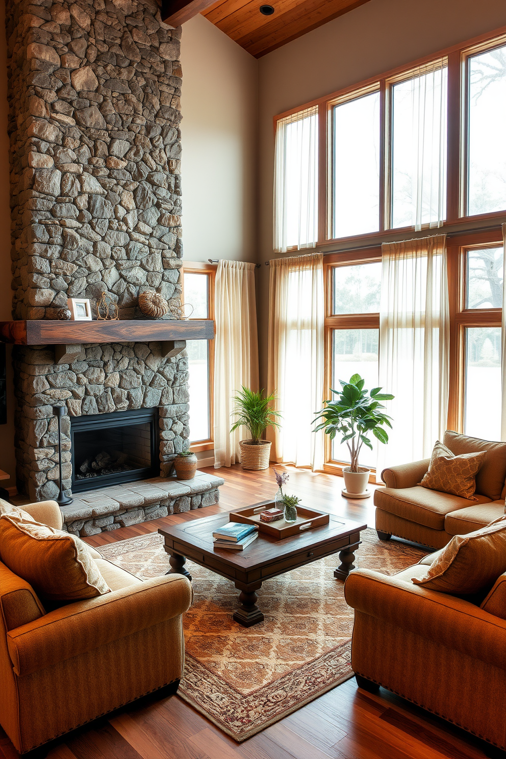 A cozy living room featuring a large stone fireplace as the focal point, surrounded by a rustic wooden mantel adorned with decorative items. Plush sofas in warm earth tones are arranged around a soft area rug, creating an inviting space for relaxation and conversation. Large windows draped with soft, sheer curtains allow natural light to fill the room, enhancing the warm ambiance. A wooden coffee table sits in the center, topped with books and a decorative tray, while a few potted plants add a touch of greenery.