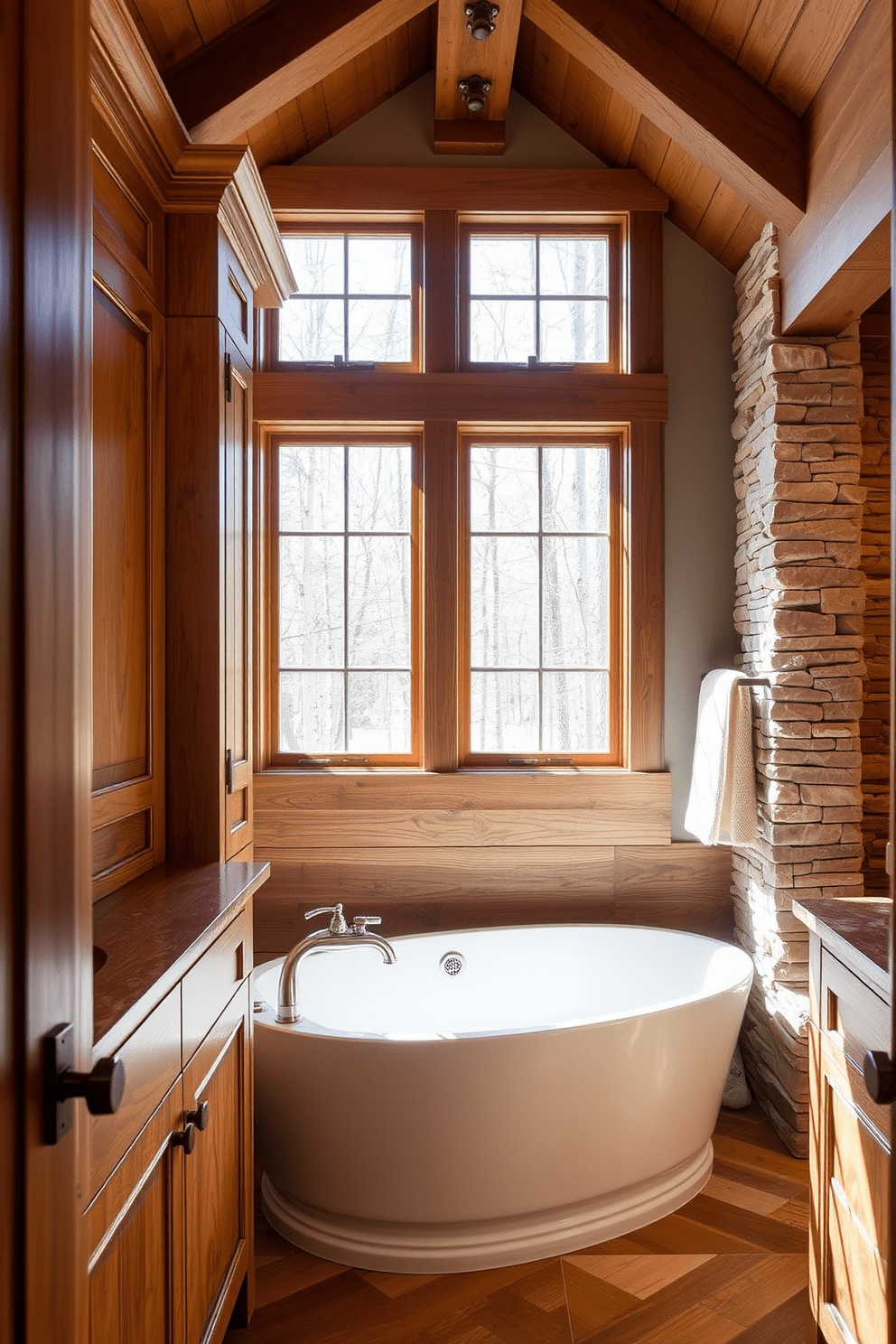 Natural wood cabinetry adds warmth and rustic charm to the bathroom space. The cabinetry features intricate details and a rich finish that complements the overall Craftsman style. The bathroom includes a freestanding soaking tub positioned beneath a large window, allowing natural light to flood the room. A stone accent wall adds texture and enhances the earthy feel of the design.